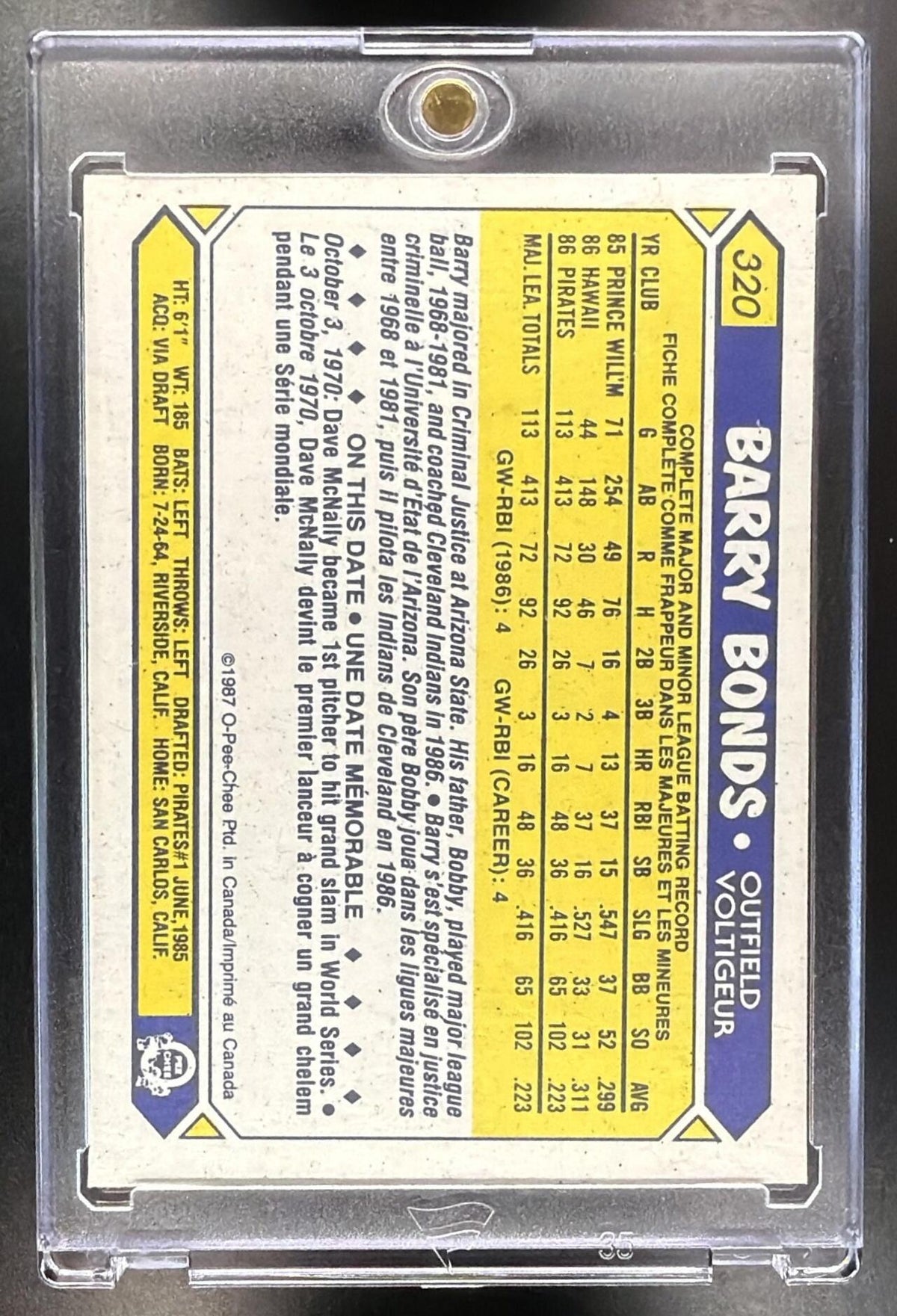 1987 O-Pee-Chee Barry Bonds #320 RC