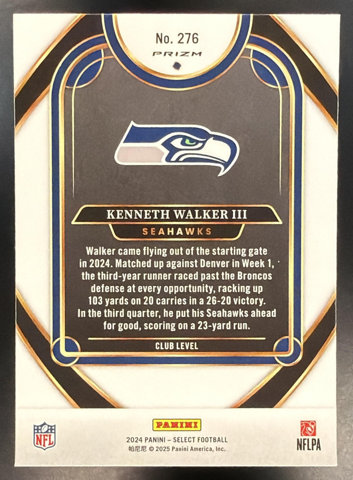 2024 Panini Select Kenneth Walker III #276 Club Zebra Prizm Shock