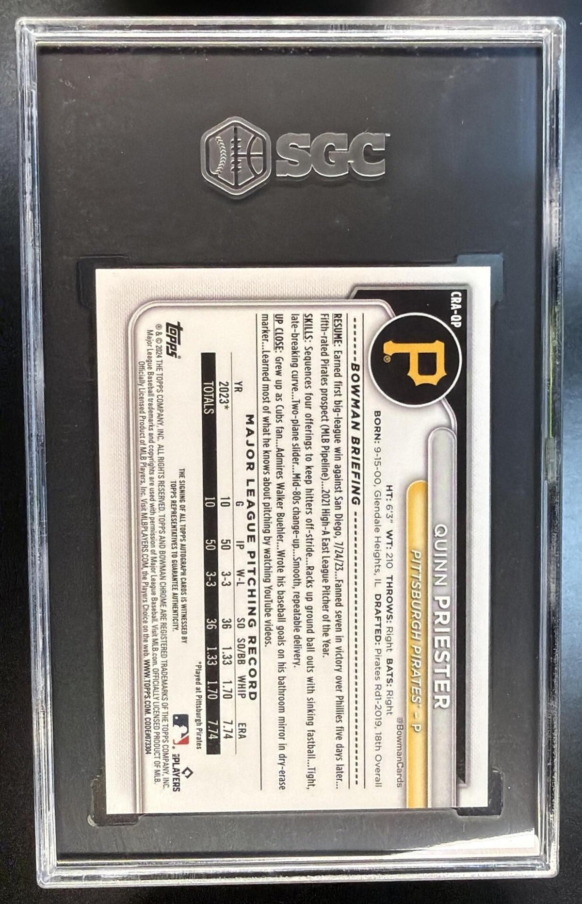 2024 Bowman Baseball Quinn Priester #CRA-QP Yellow Refractor Auto 25/75 SGC 10 Auto 10