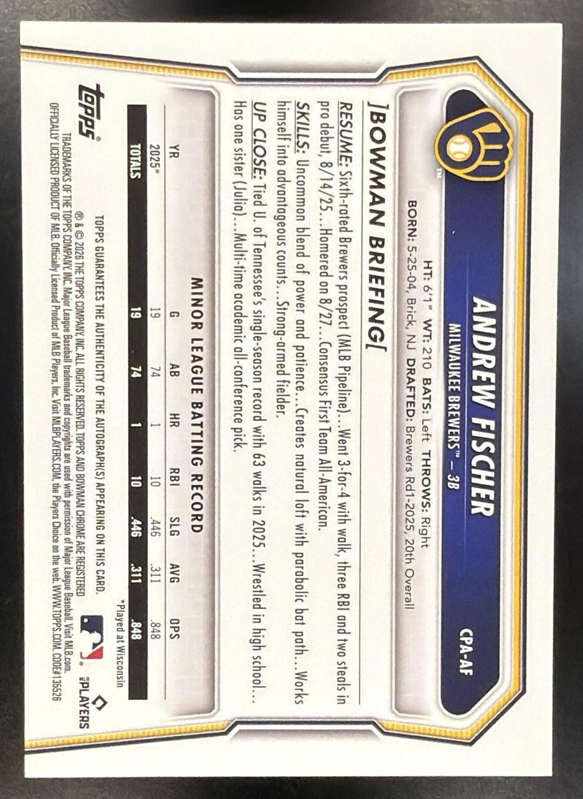 2026 Bowman Andrew Fischer #CPA-AF Chrome Auto 1st Prospect