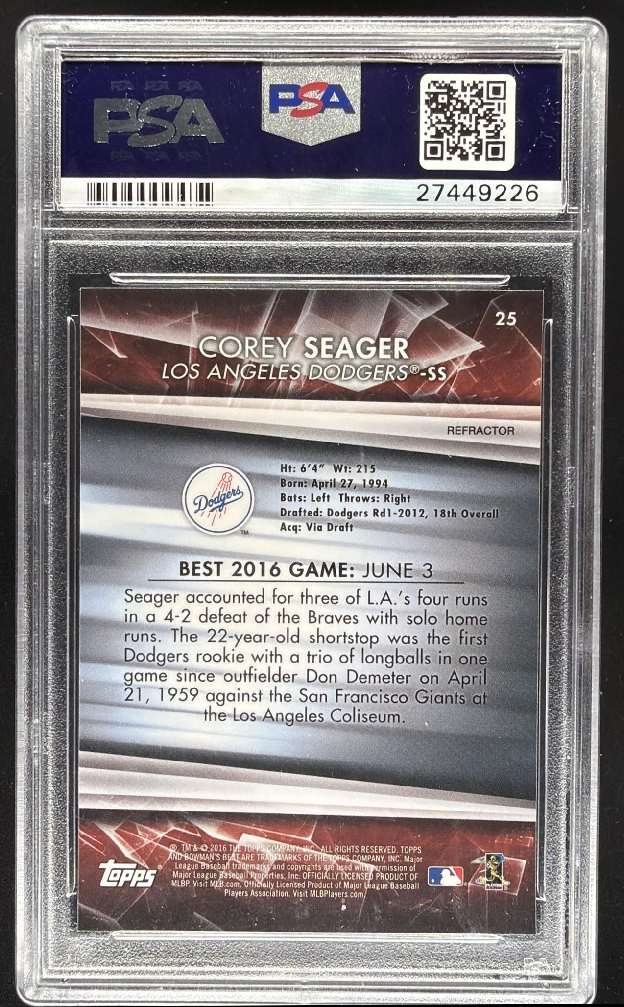 2016 Bowman's Best Corey Seager #25 Refractor RC PSA 10