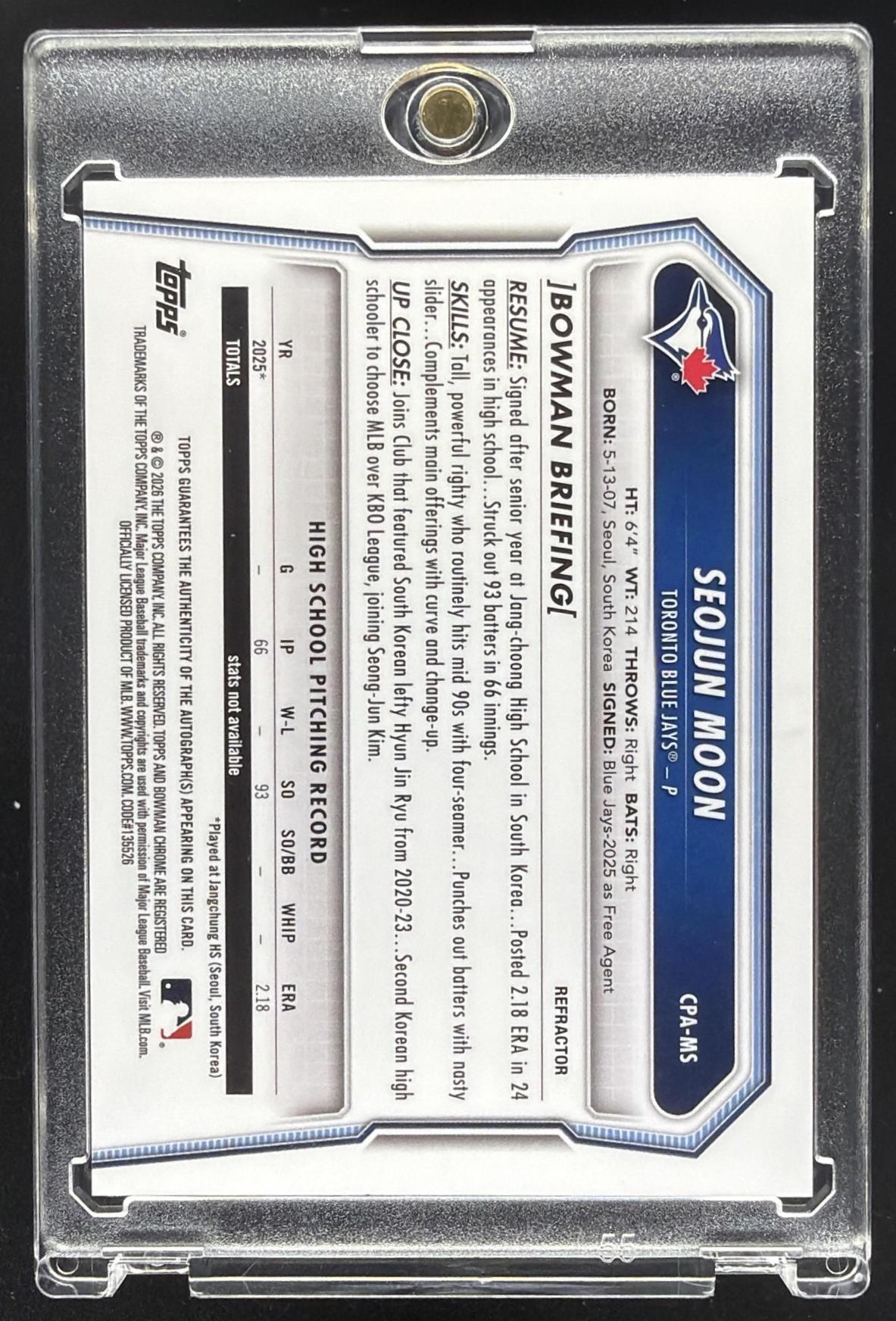 2026 Bowman Seojun Moon #CPA-MS Chrome Auto Refractor 206/499 1st Prospect