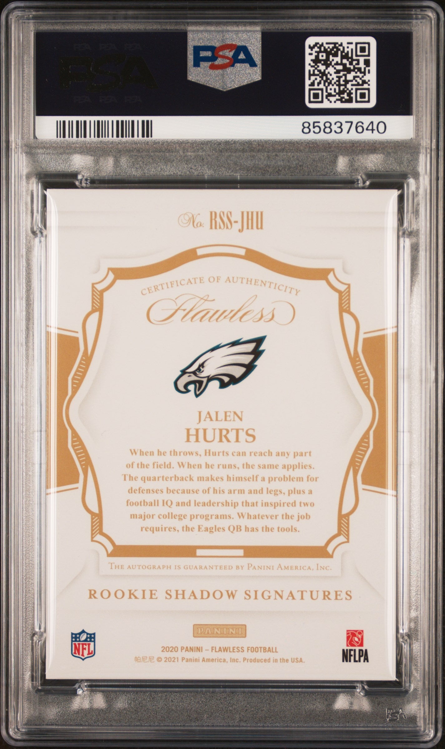 2020 Panini Flawless Jalen Hurts #RSS-JHU Rookie Shadow Signatures Gold /25 Auto RC PSA 10