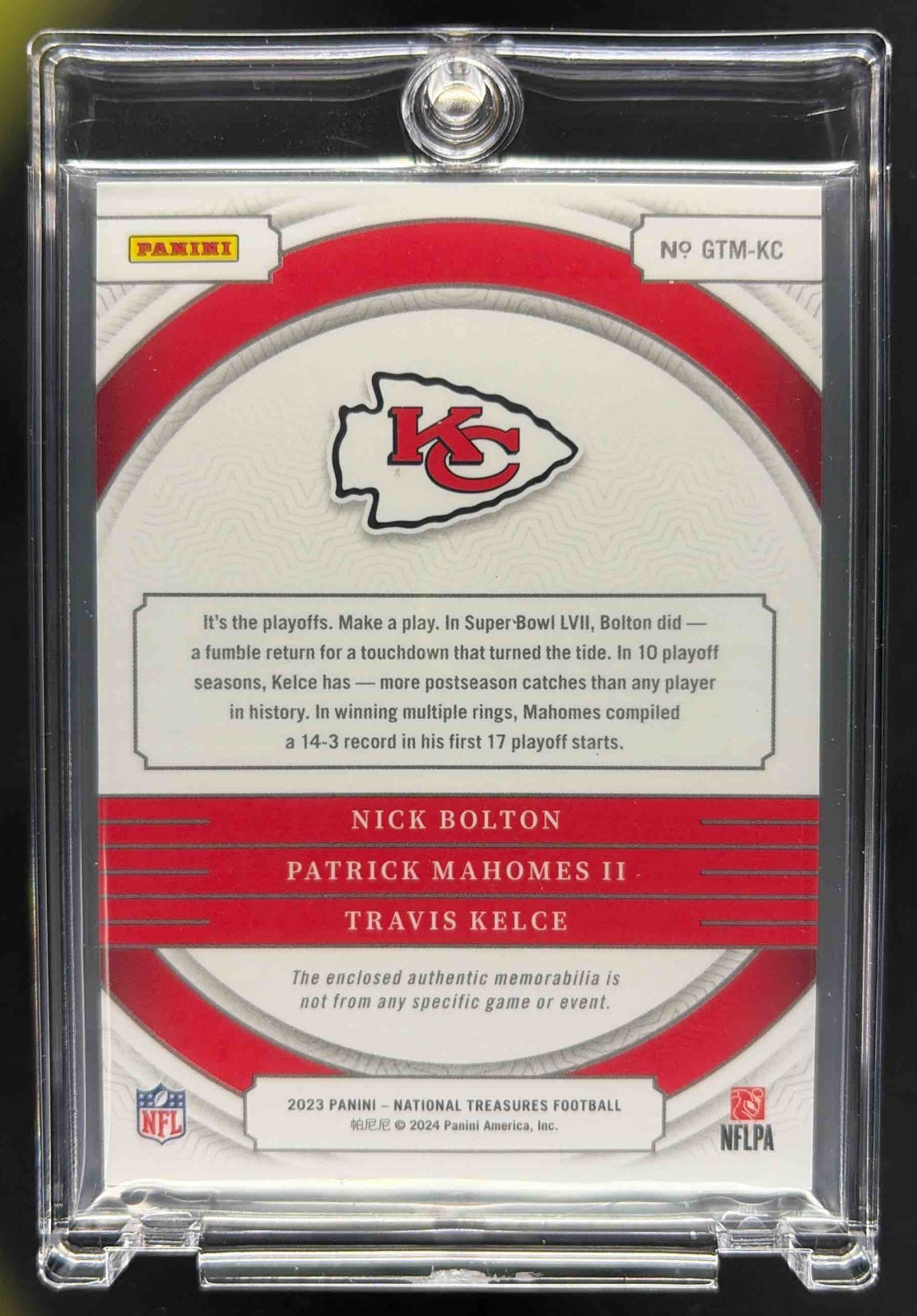 2024 Panini National Treasures Bolton Mahomes Kelce Triple Patch /25