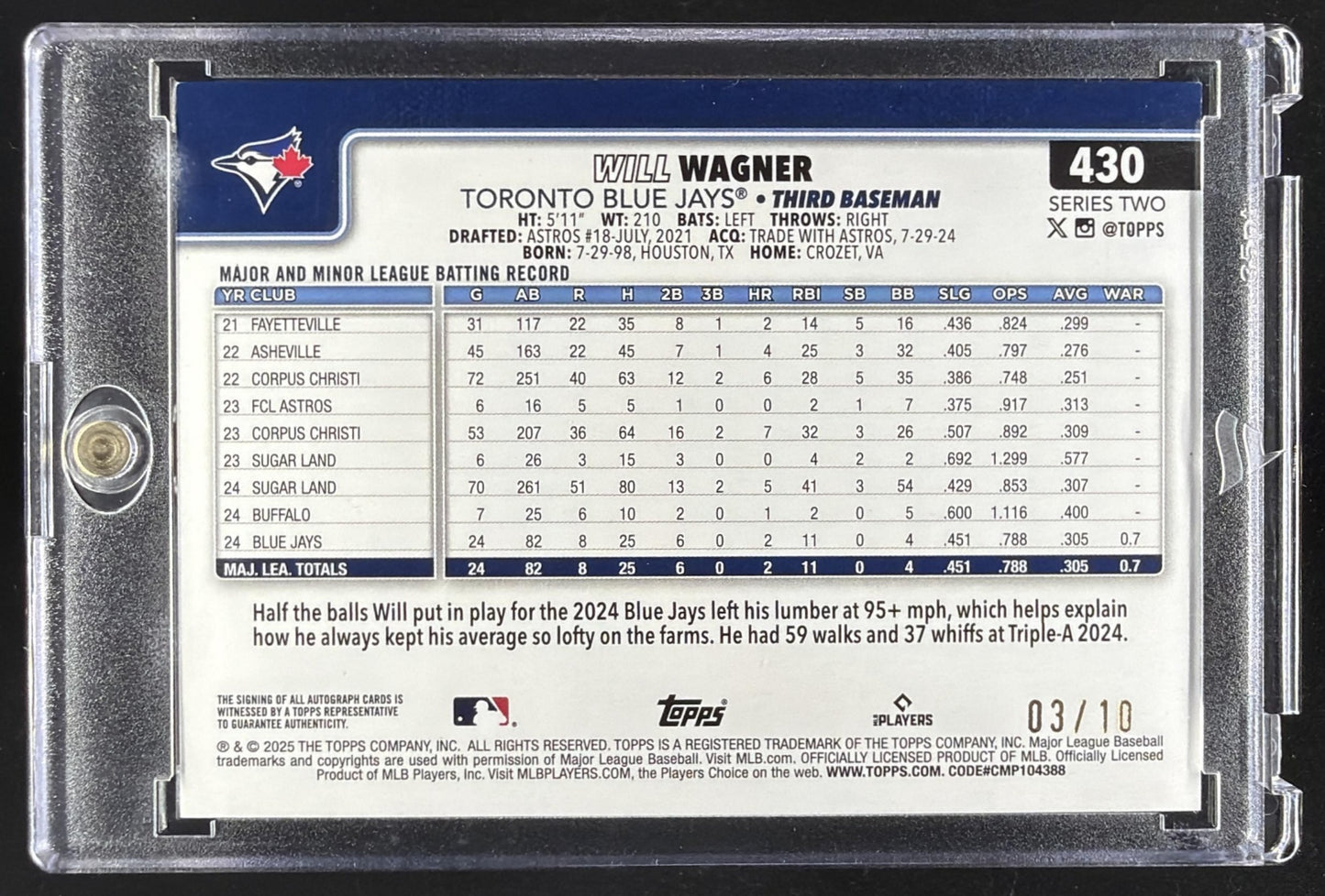 2025 Topps Will Wagner #430 Real One Auto Series 2 Black Foil 3/10 RC