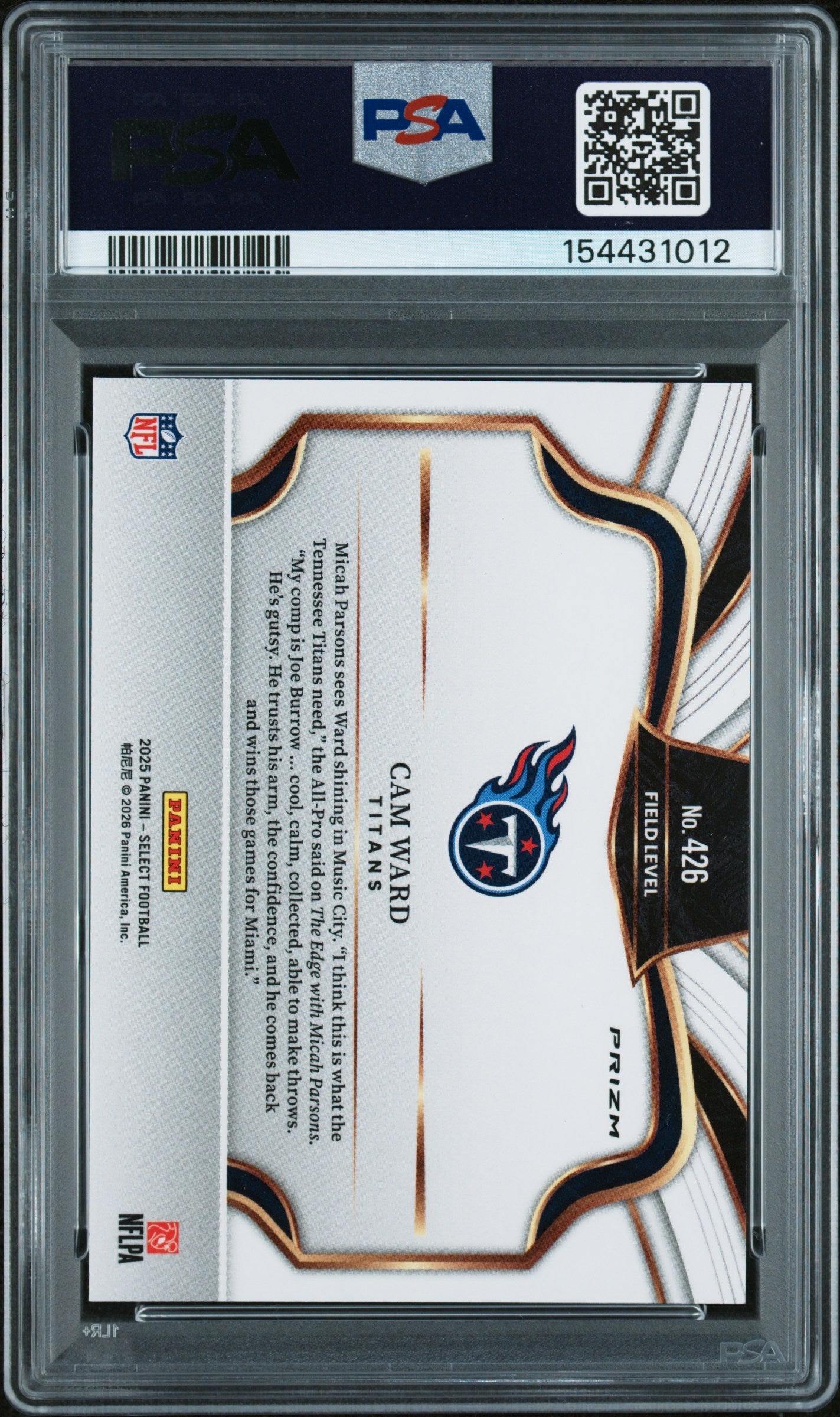 2025 Panini Select Cam Ward #426 Field Level Zebra Prizm RC PSA 9