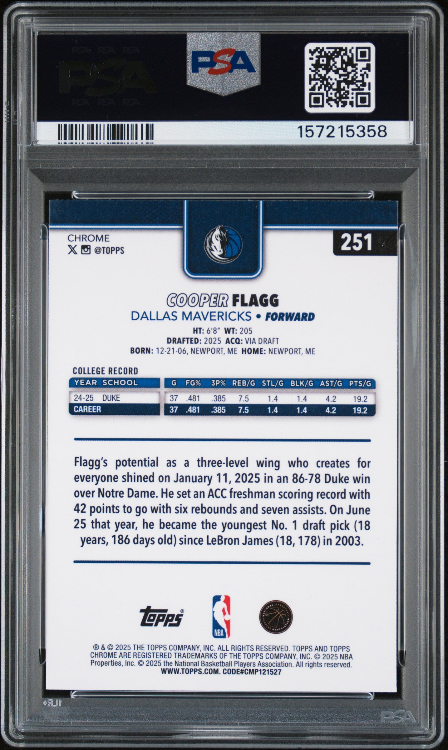 2025-26 Topps Chrome Cooper Flagg #251 Refractor RC PSA 9