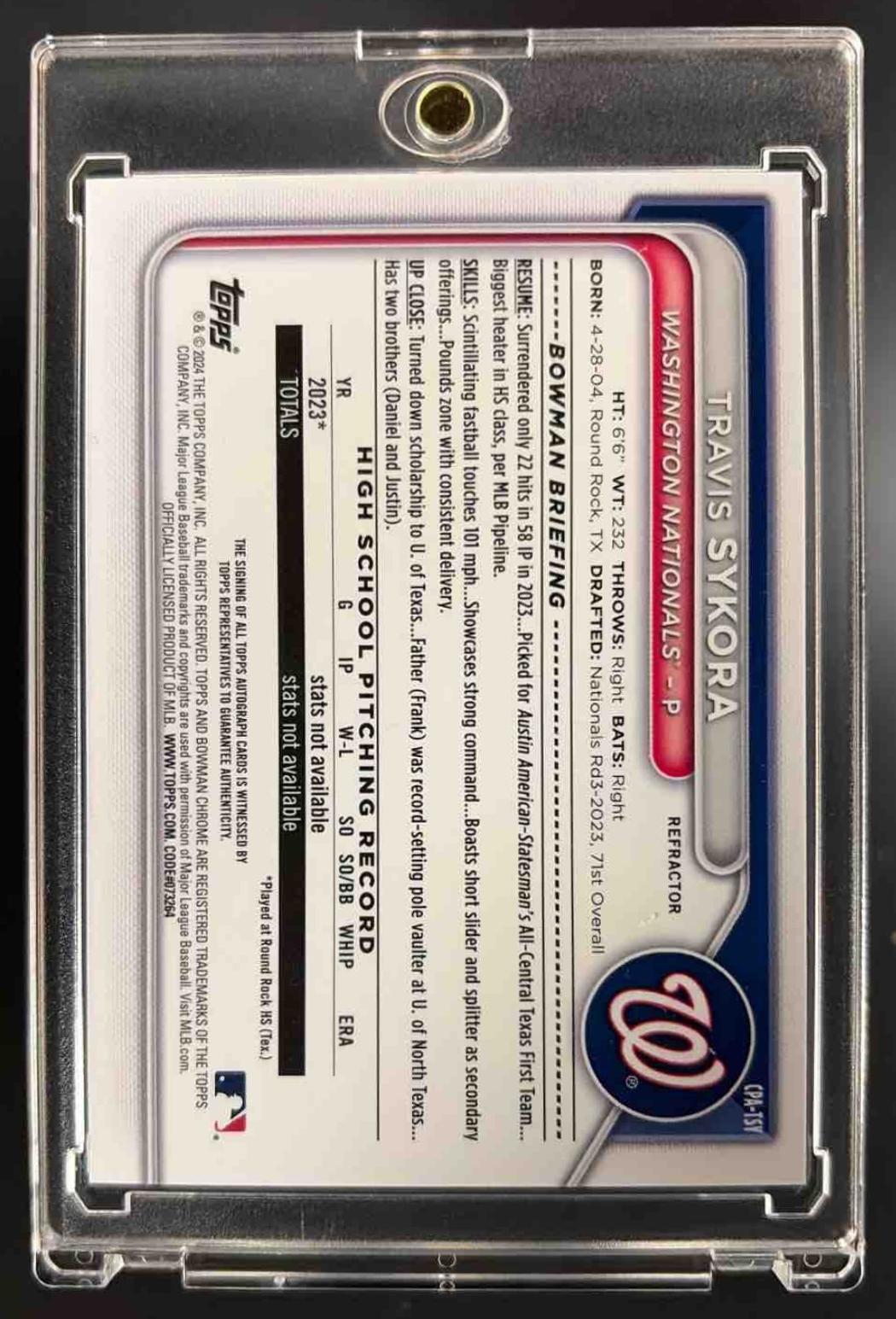 2024 Bowman Travis Sykora #CPA-TSY Chrome Auto Refractor /499 1st