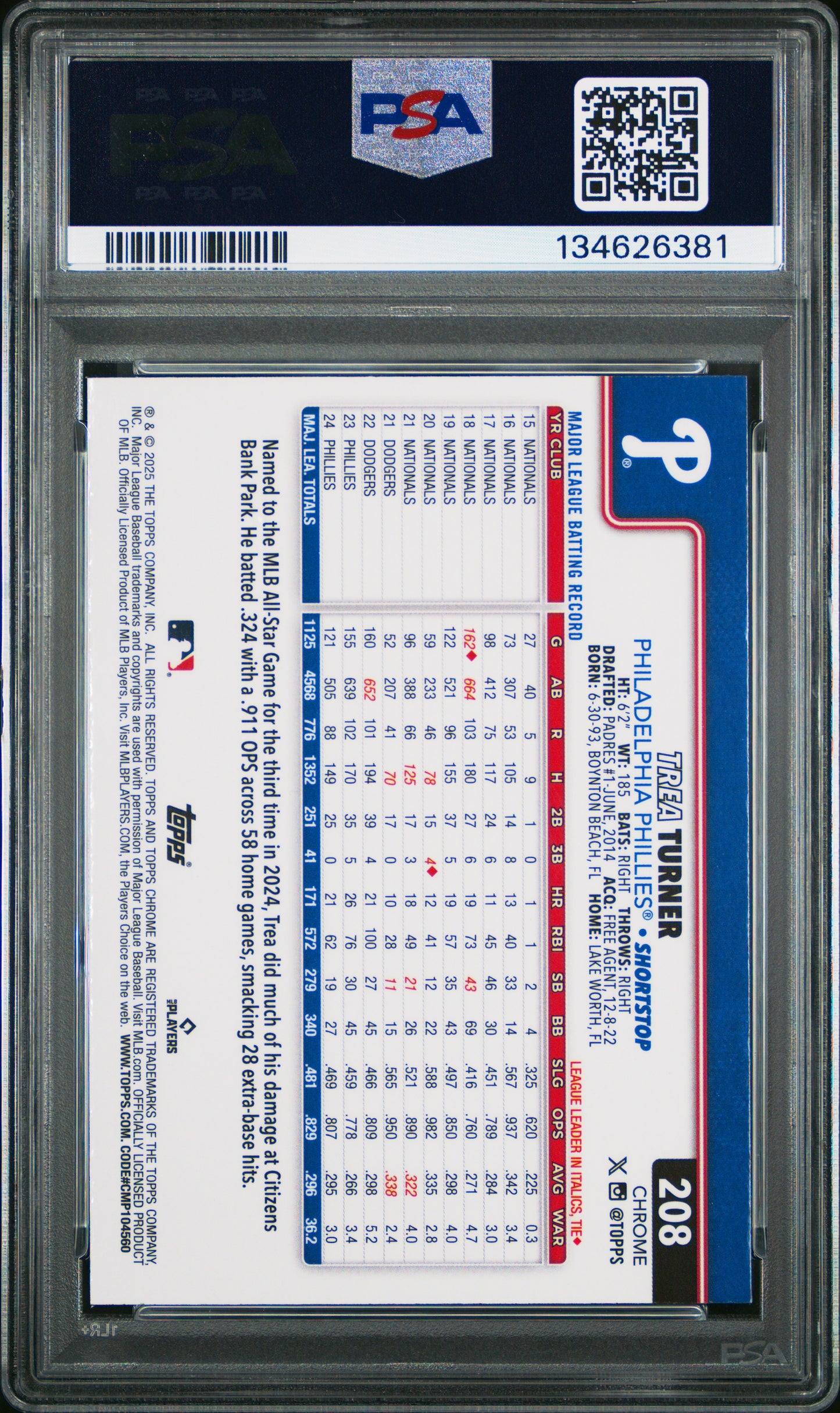 2025 Topps Chrome Trea Turner #208 Logofractor Image Variation PSA 10