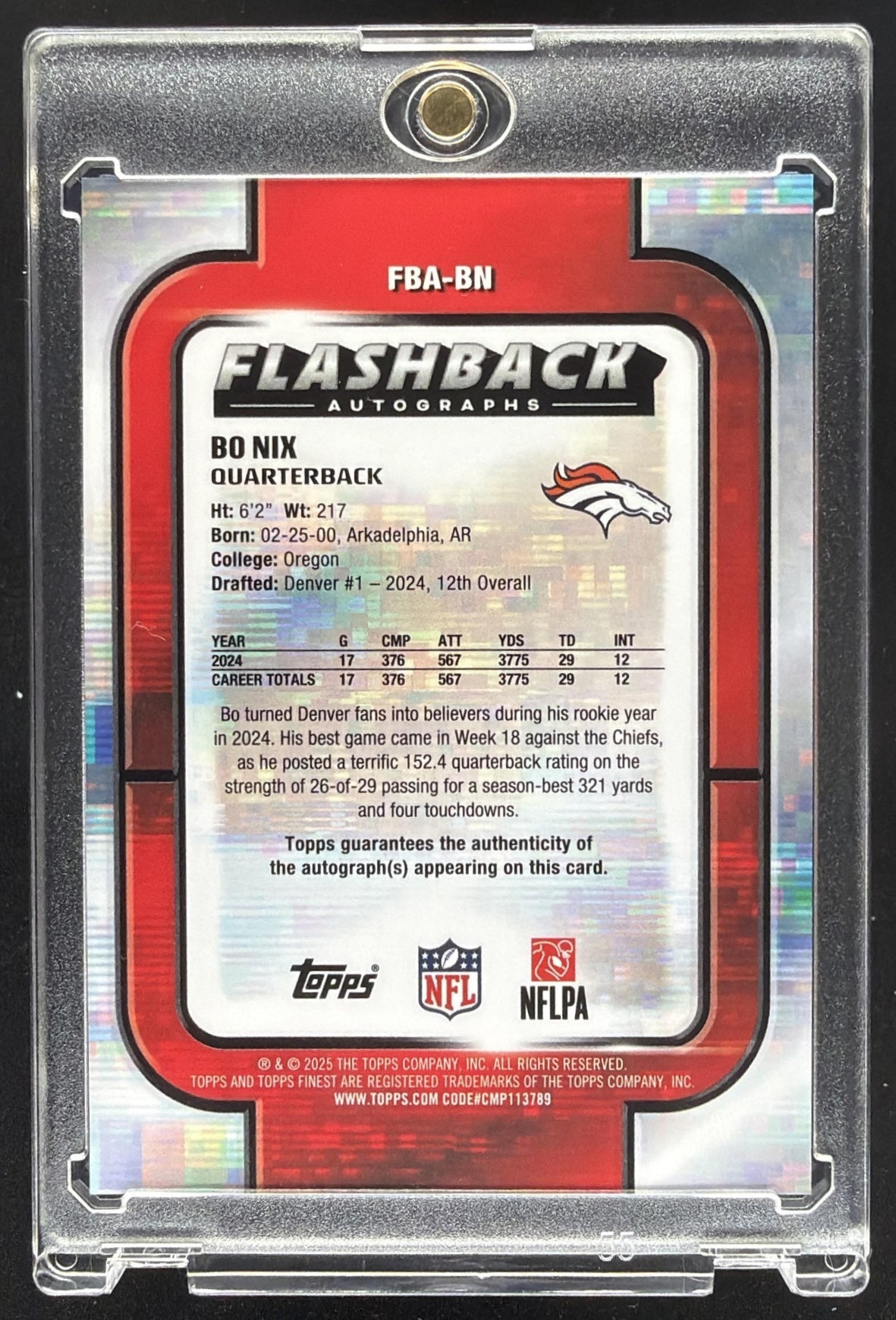 2025 Topps Finest Bo Nix #FBA-BN Flashback Auto Orange Refractor 14/25