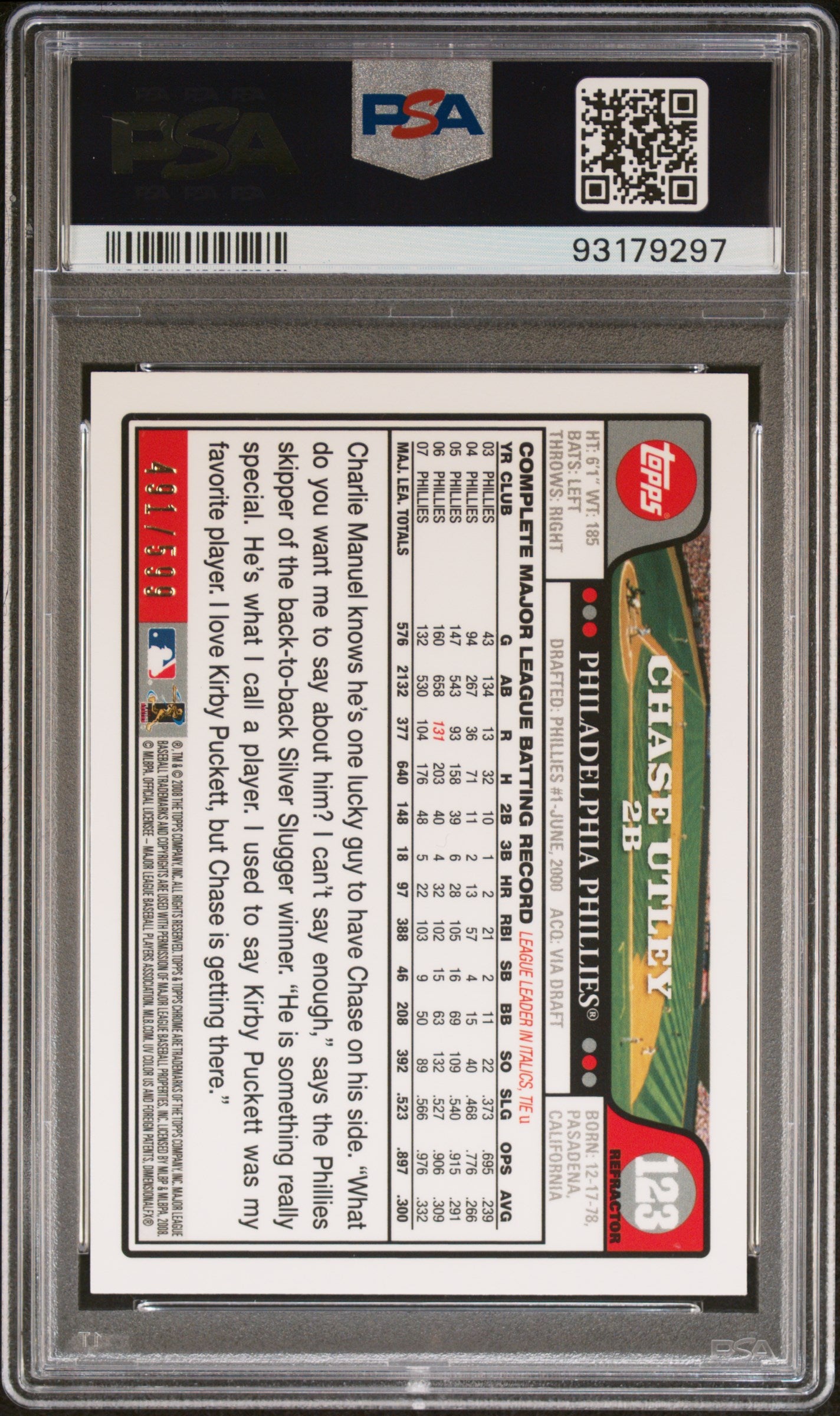 2008 Topps Chrome Chase Utley #123 Copper Refractor 491/599 PSA 9