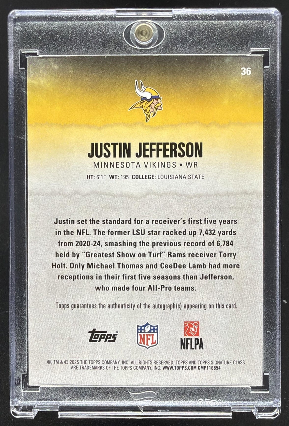 2025 Topps Signature Class Justin Jefferson #36 Veteran Auto Green Foil 84/150
