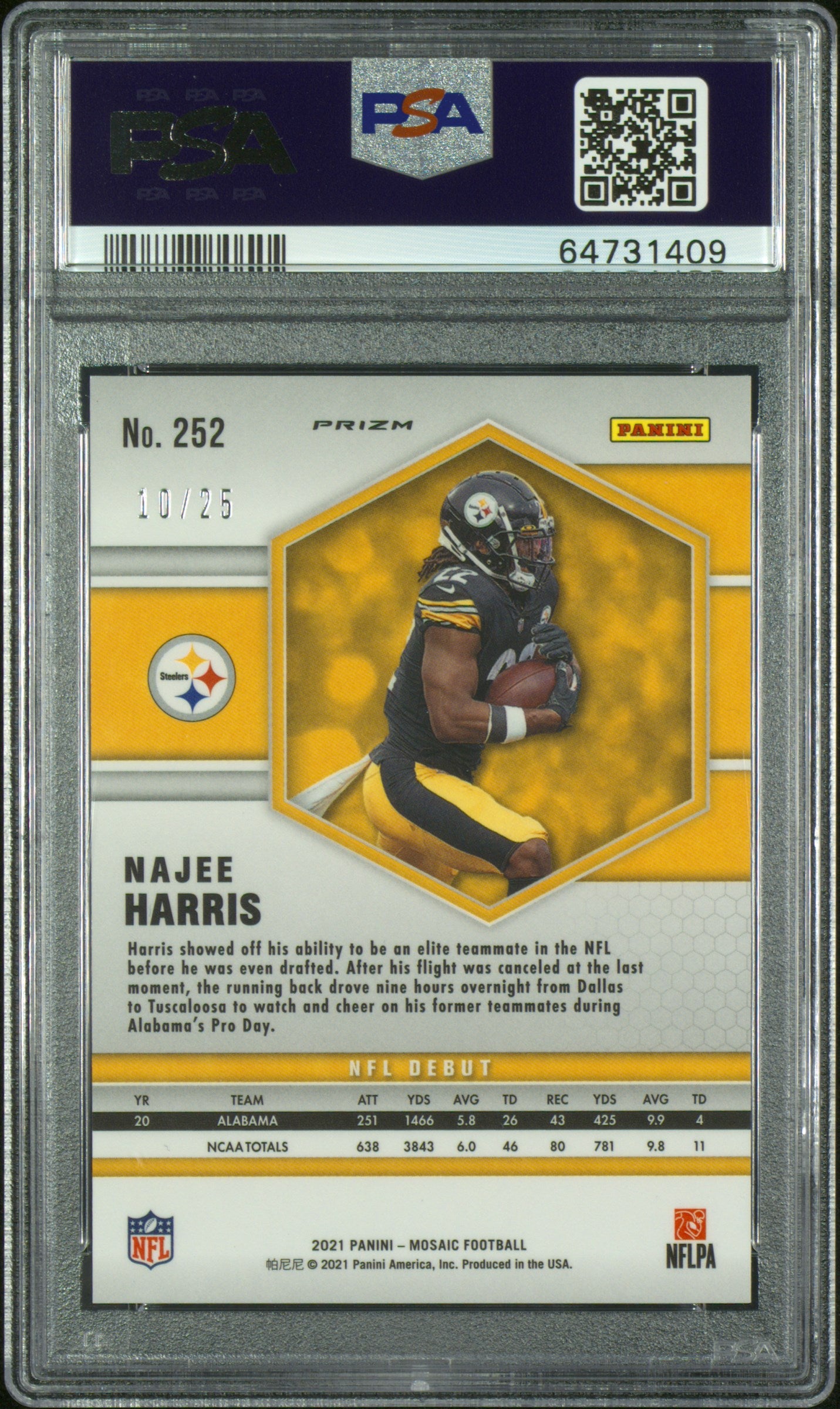 2021 Panini Mosaic Najee Harris #252 Rookie Orange Flourescent /25 PSA 10