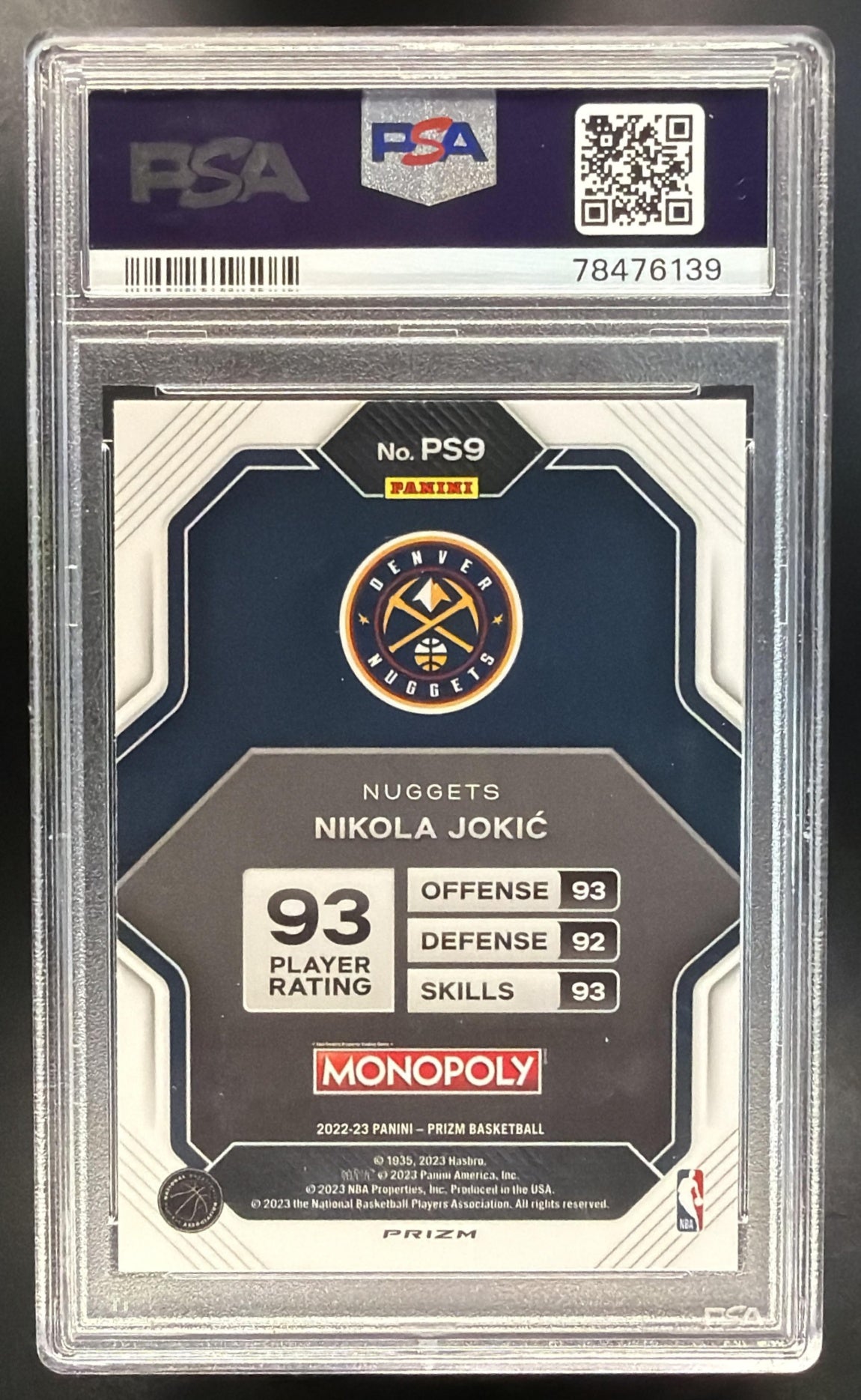 2022 Panini Prizm Monopoly Nikola Jokic #PS9 All Stars Black Classic Icons PSA 9