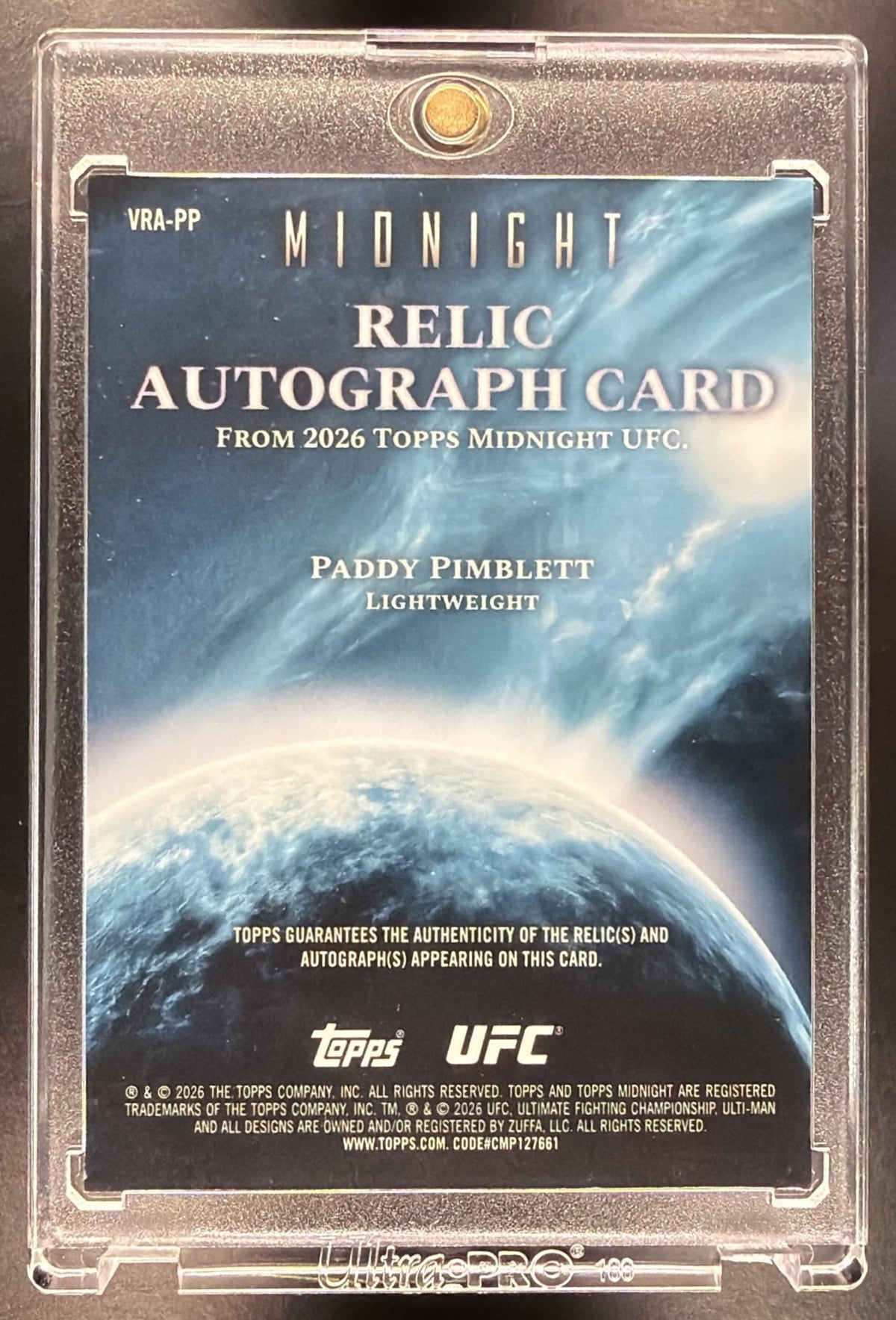 2026 Topps Midnight UFC Paddy Pimblett #VRA-PP Relic Auto Moonrise 21/25