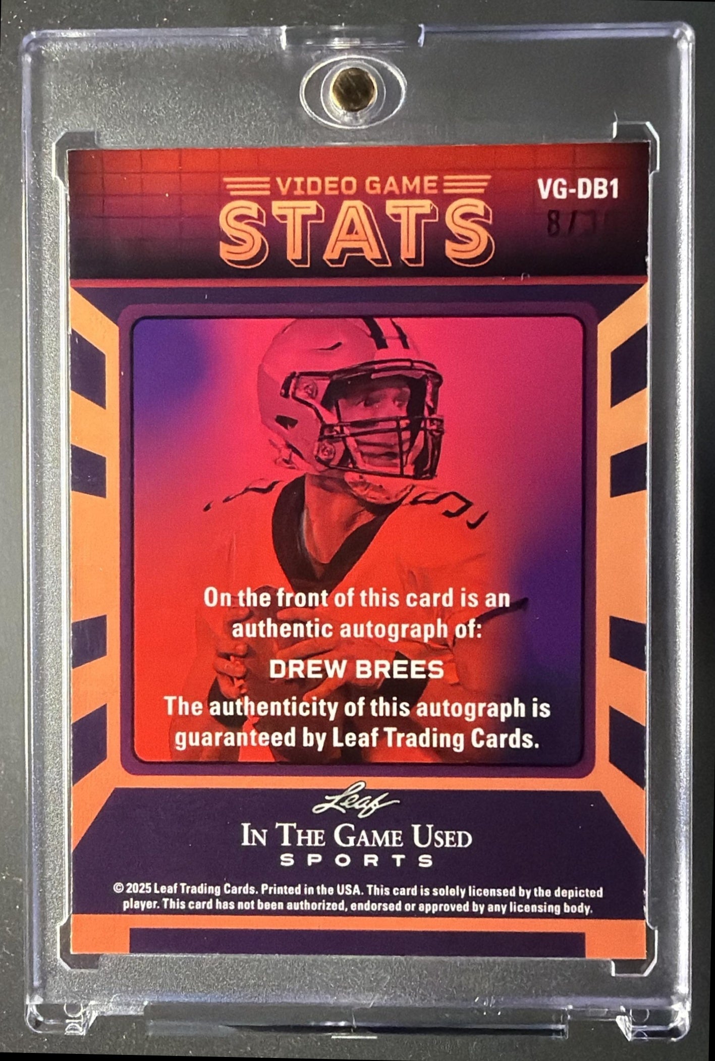2025 Leaf In the Game Used Sports Drew Brees #VG-DB1 Metal Video Stats Auto /30
