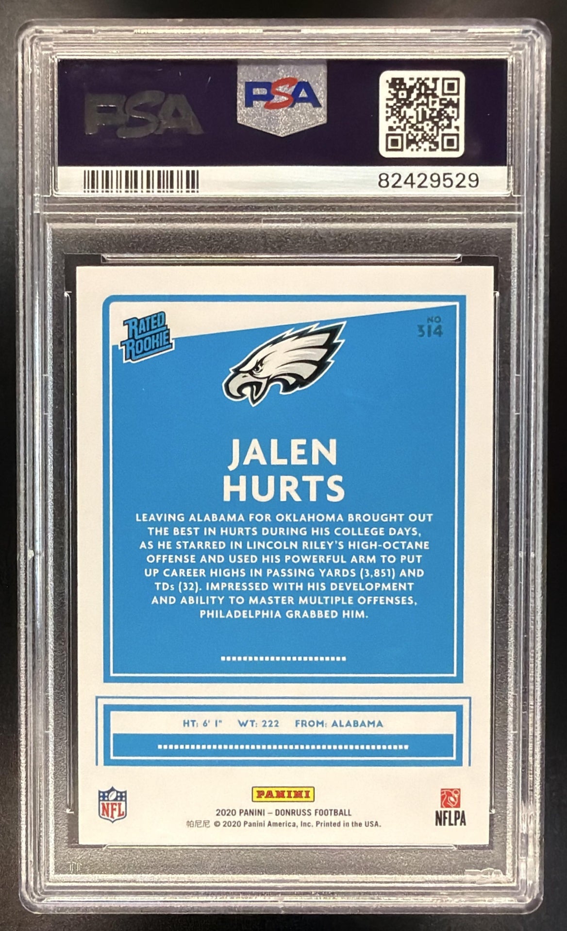 2020 Panini Donruss Jalen Hurts #314 RC PSA 10 Eagles