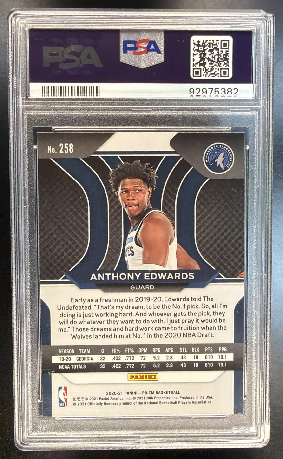 2020-21 Panini Prizm Anthony Edwards #258 Rookie PSA 9 Timberwolves