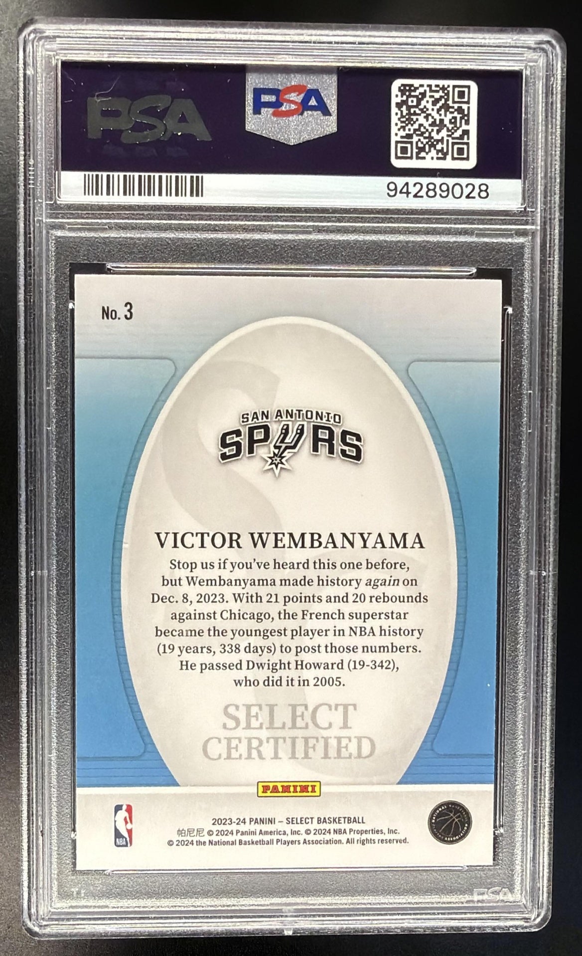2023-24 Panini Select Victor Wembanyama #3 Certified RC PSA 10
