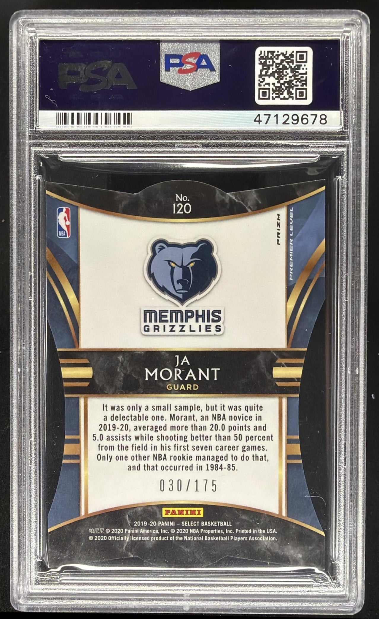 2019 Panini Select Ja Morant #120 Maroon Prizms Die Cut /175 RC PSA 10