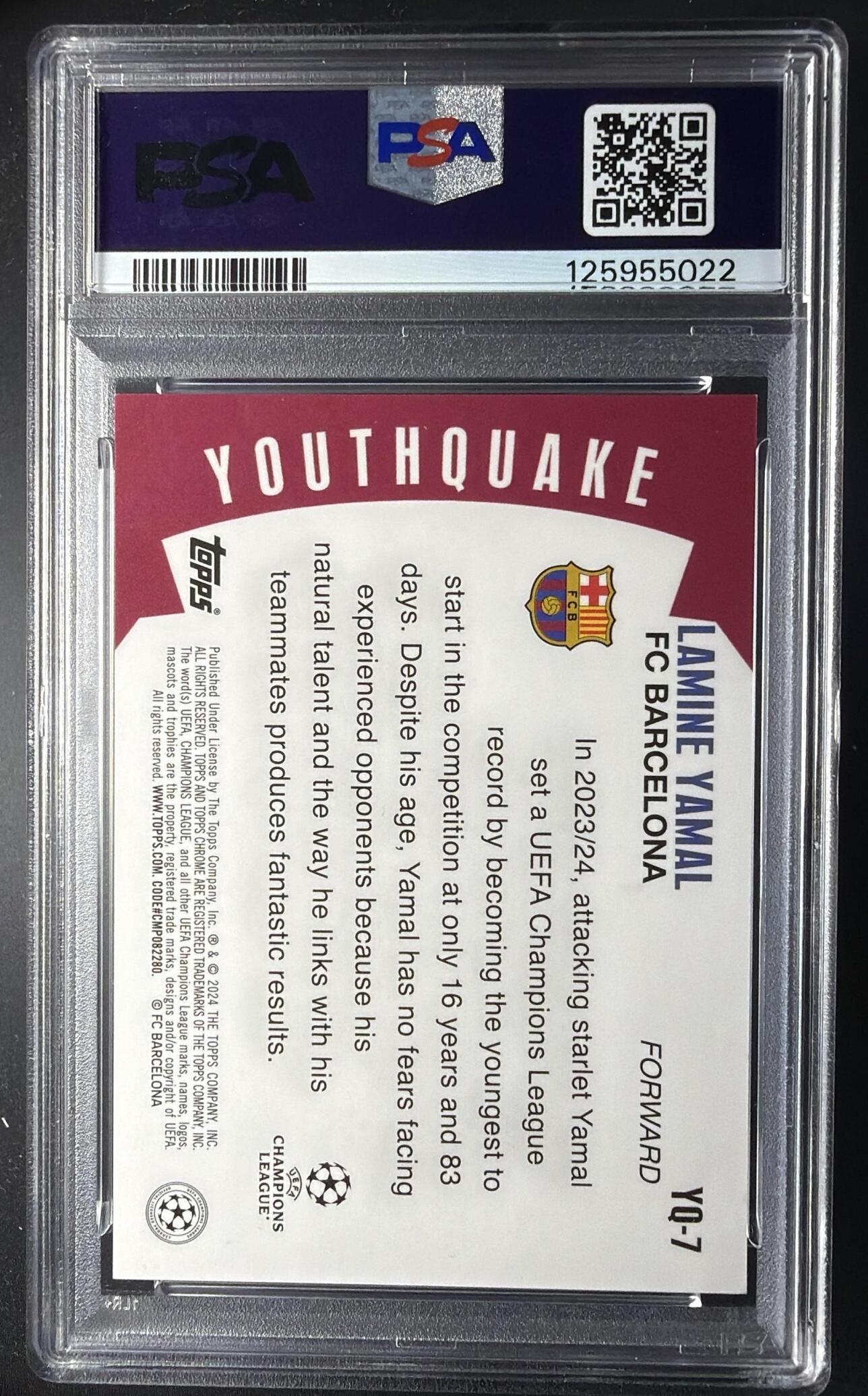 2023 Topps Chrome UEFA Club Competitions Lamine Yamal #YQ-7 Youthquake Green Refractor /99 RC PSA 9