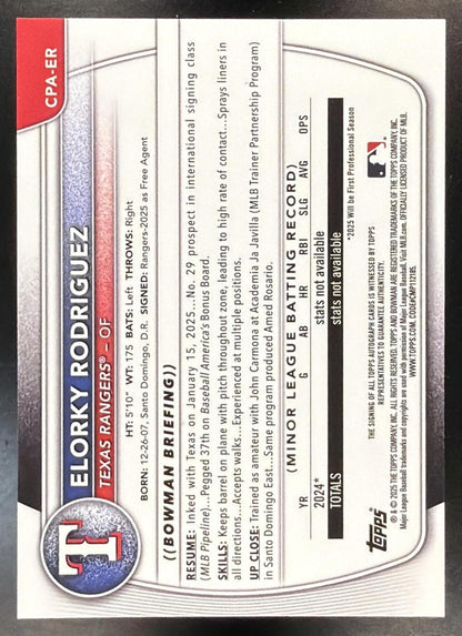 2025 Bowman Chrome Elorky Rodriguez #CPA-ER Auto Speckle Refractor 179/299 1st Prospect