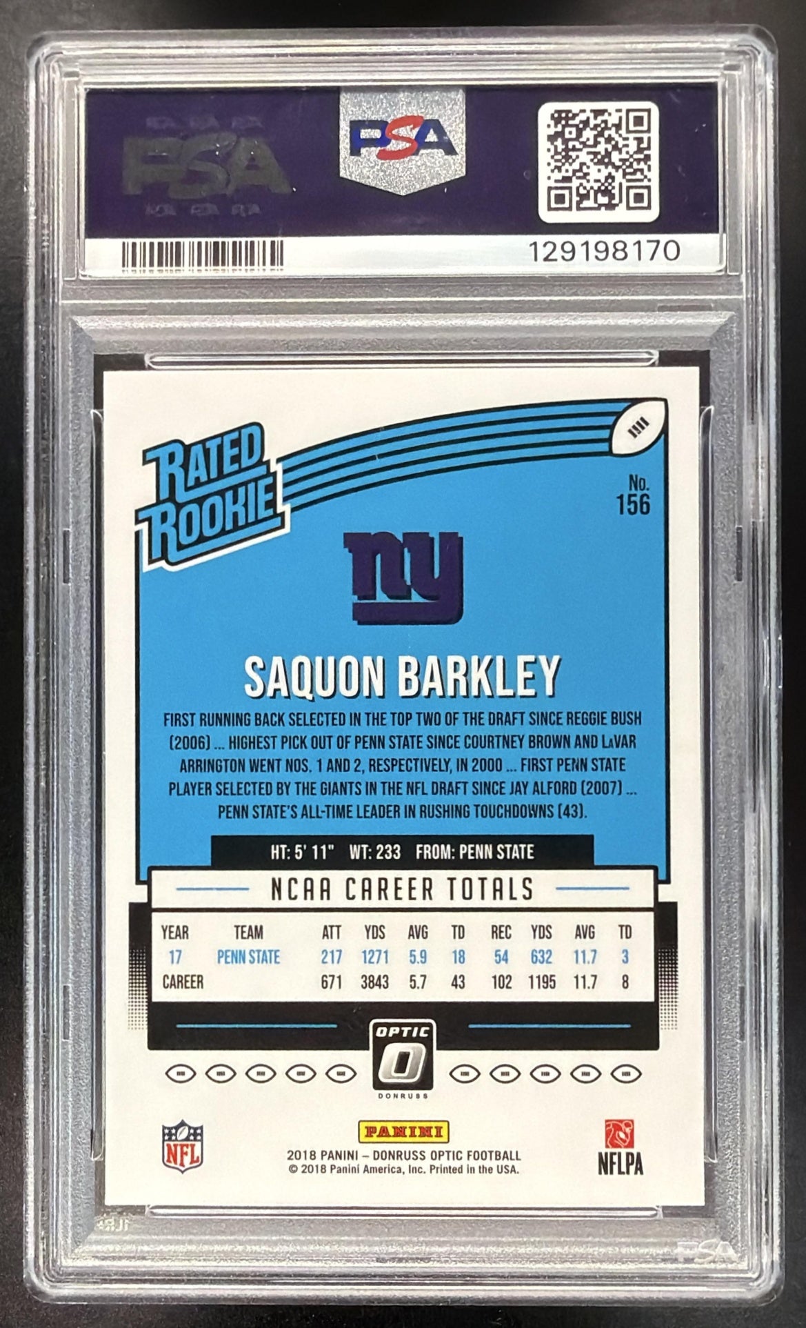 2018 Panini Donruss Optic Saquon Barkley #156 RC PSA 10