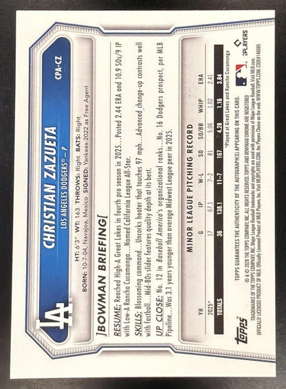 2026 Bowman Chrome Baseball Christian Zazueta #CPA-C2 1st Purple Refractor Auto 123/250