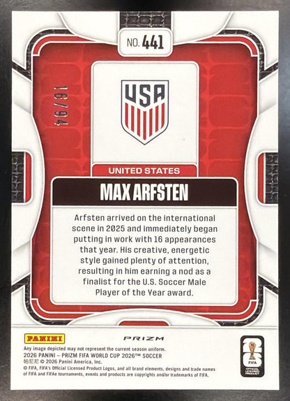 2026 Panini Prizm World Cup Max Arfsten #441 Old Glory 16/94