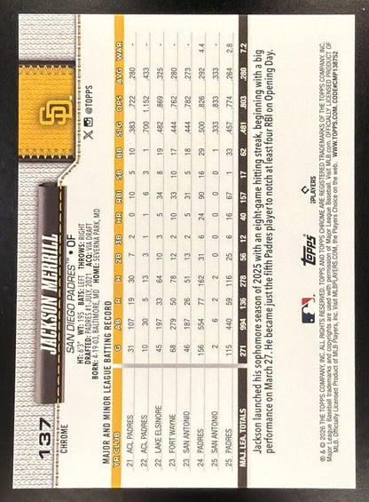 2026 Topps Chrome Sapphire Baseball Jackson Merrill #137 Image Variation Gold 06/50