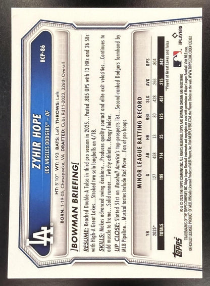 2026 Bowman Sapphire Baseball Zyhir Hope #BCP-86 Black 07/10