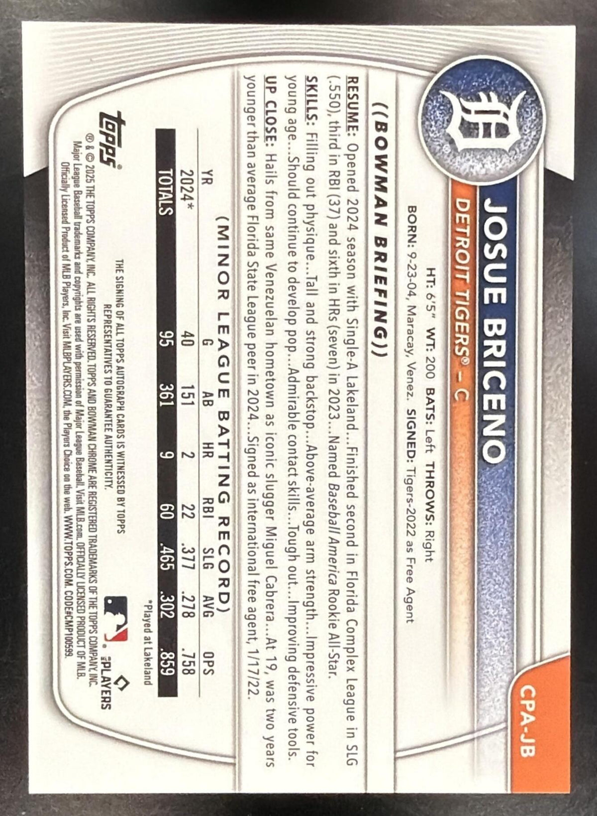 2025 Bowman Josue Briceno #CPA-JB Chrome Auto HTA Choice Refractor /150 1st Prospect