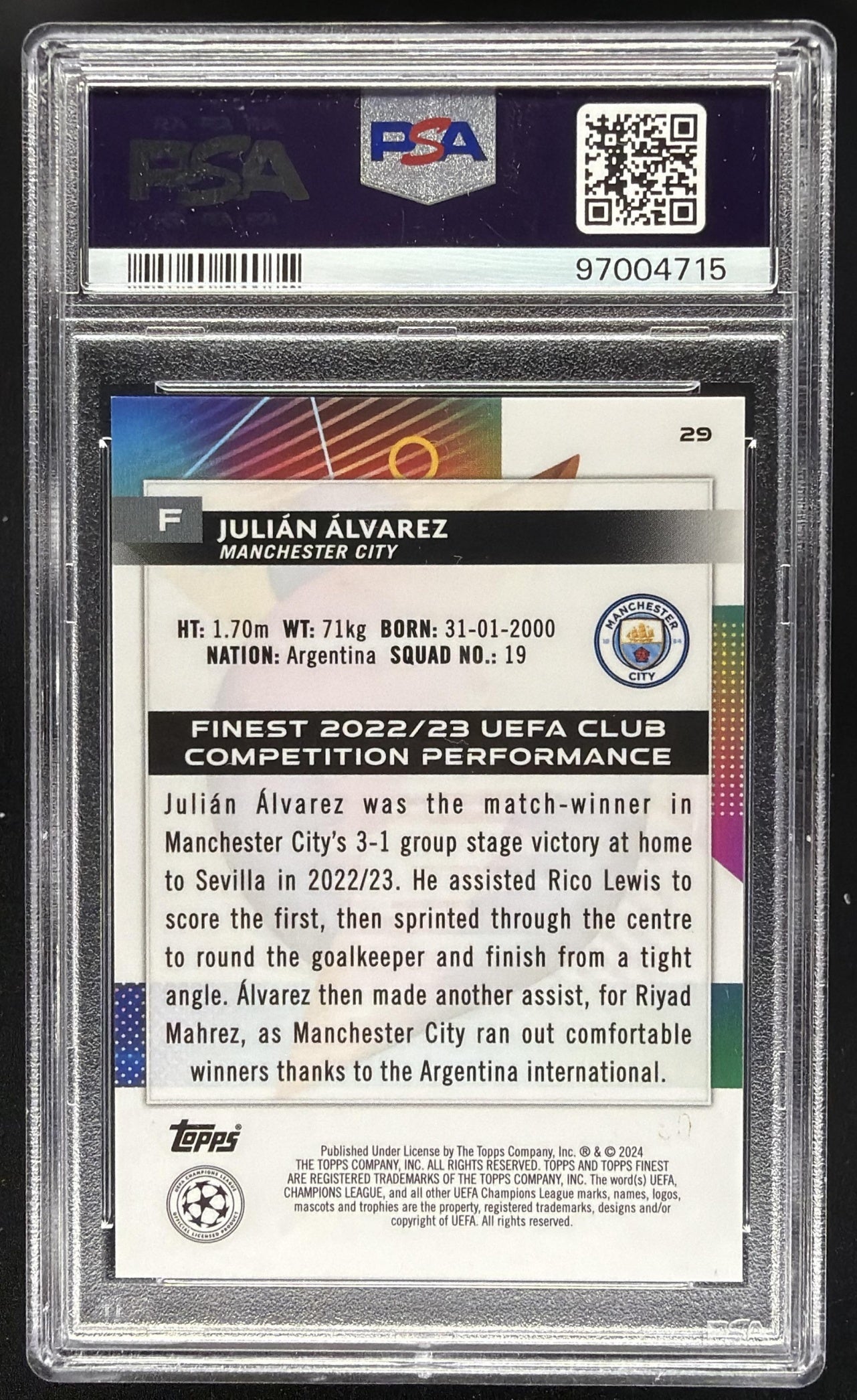 2022 Topps Finest Julian Alvarez #29 Rose Gold Mini Diamond /50 PSA 10