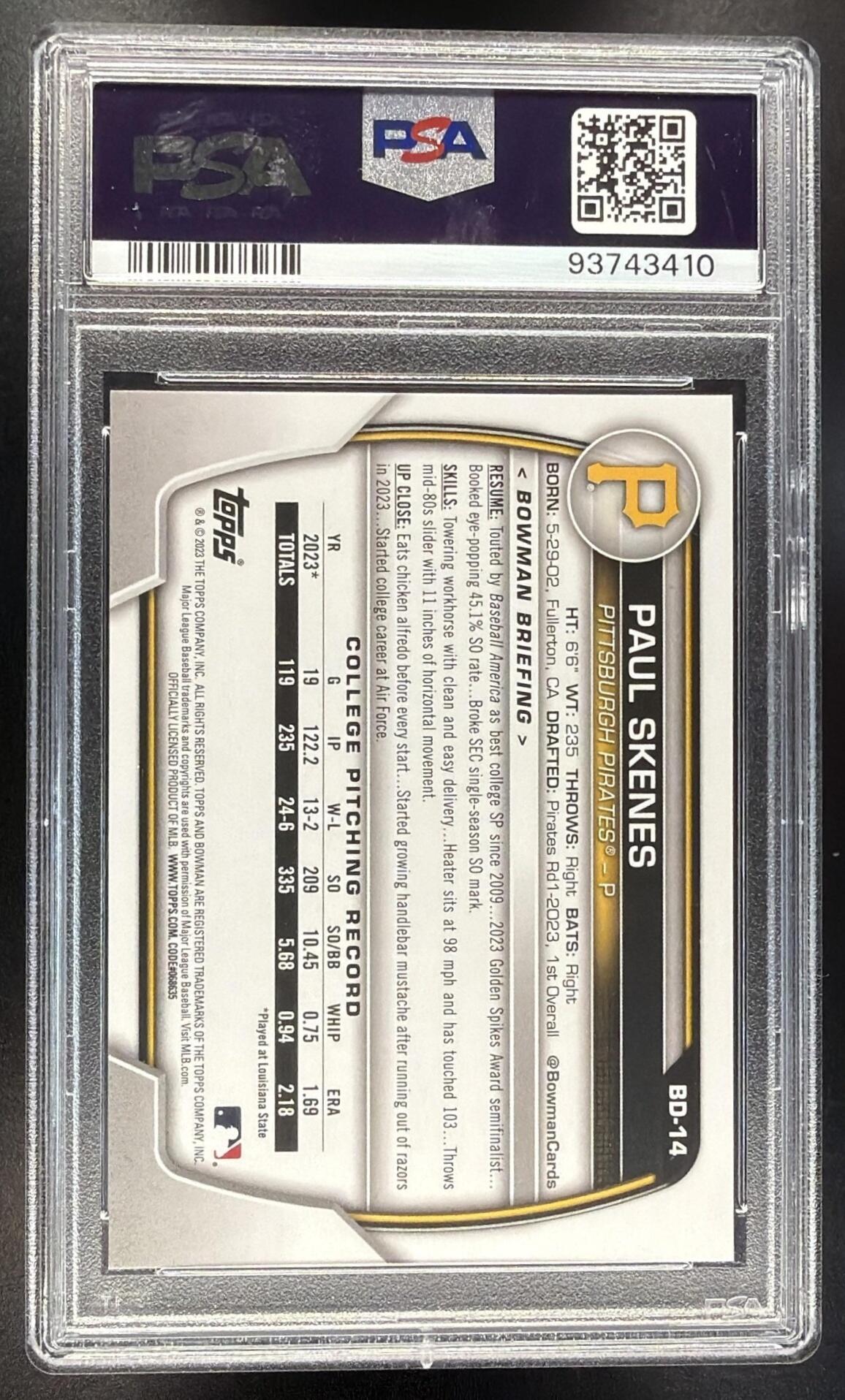 2023 Bowman Draft Paul Skenes #BD-14 1st Prospect PSA 10