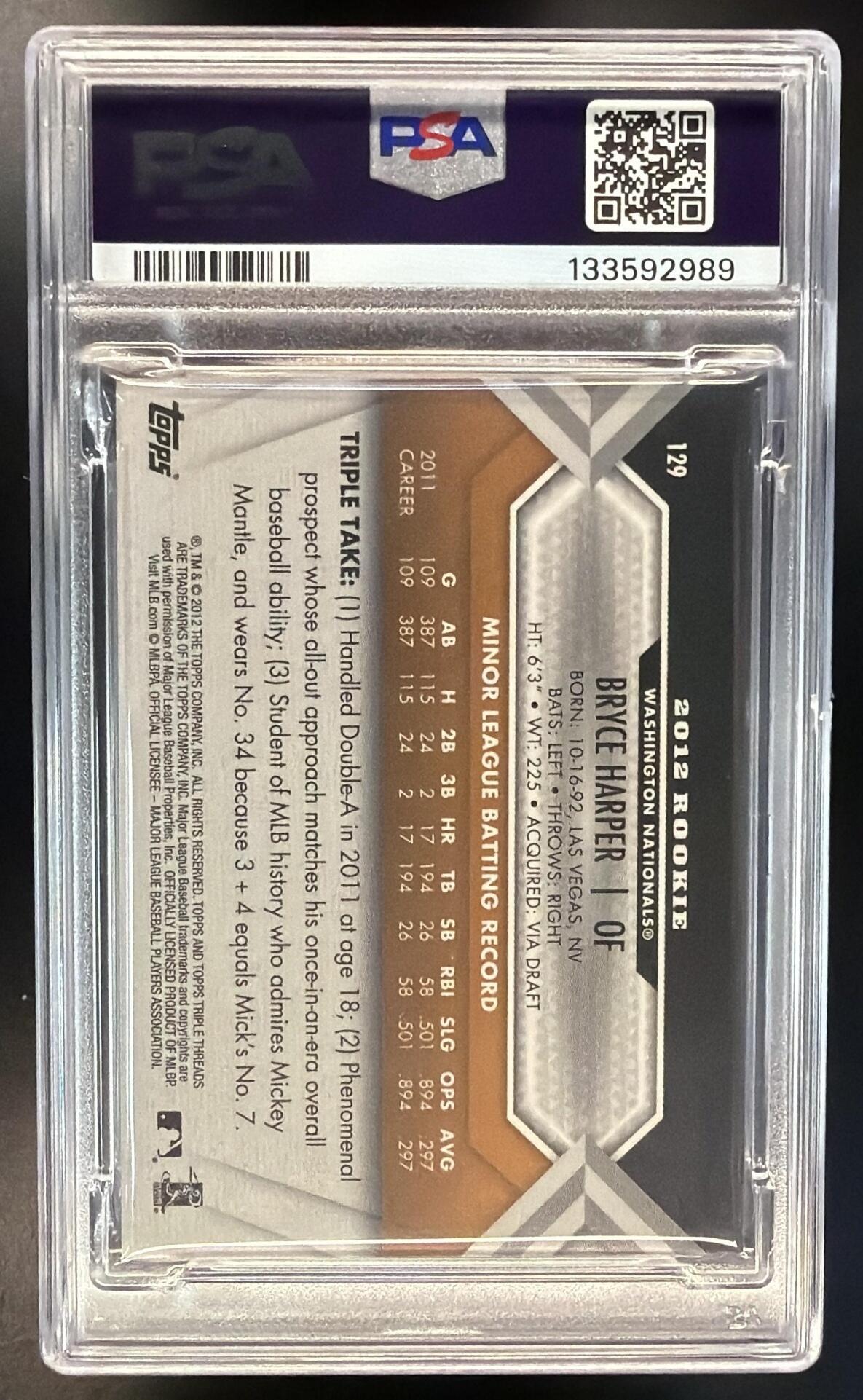 2012 Topps Triple Threads Bryce Harper #129 Rookie Patch Auto /75 PSA 8 Auto 8