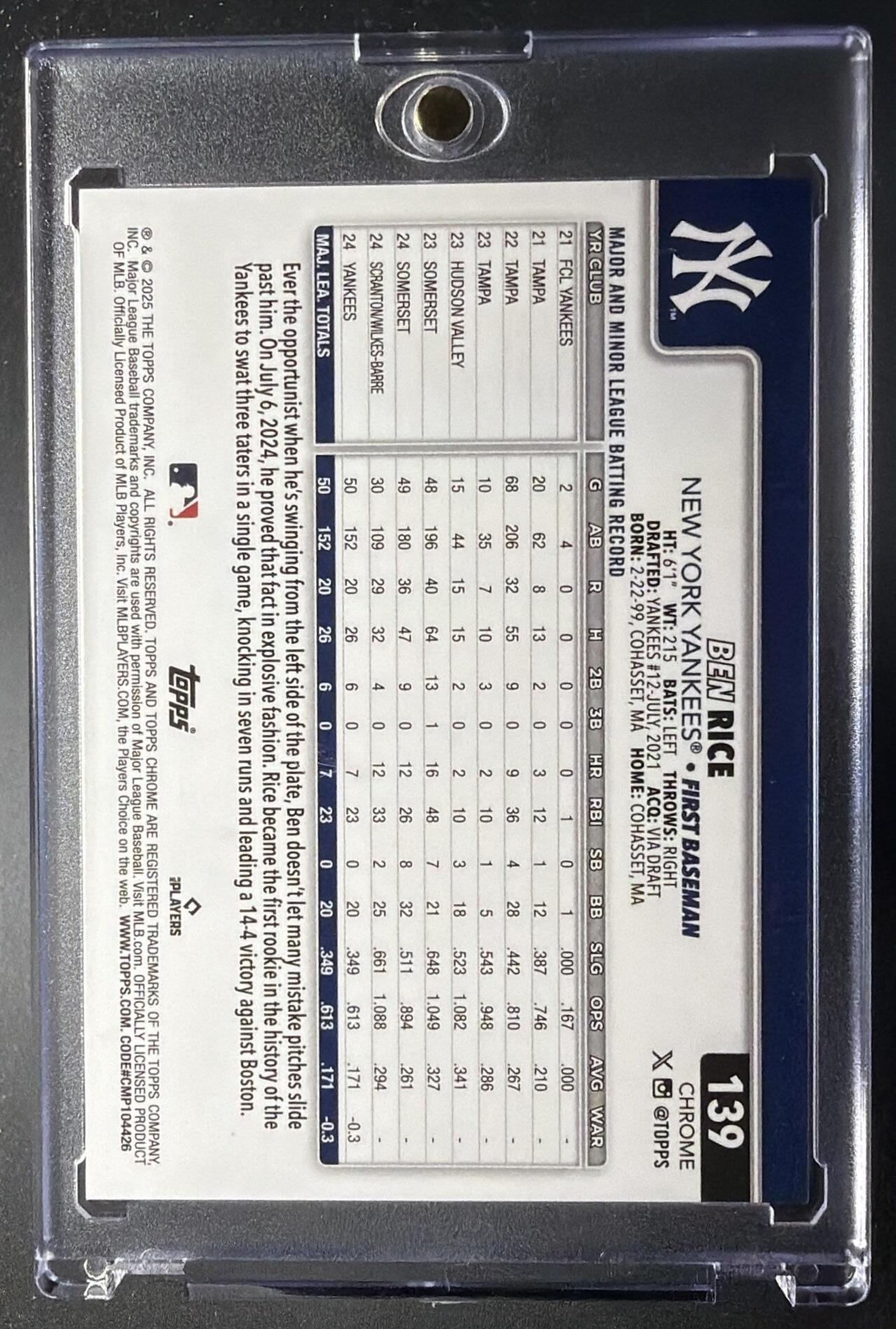 2025 Topps Chrome Logofractor Ben Rice Blue /150 #139 RC