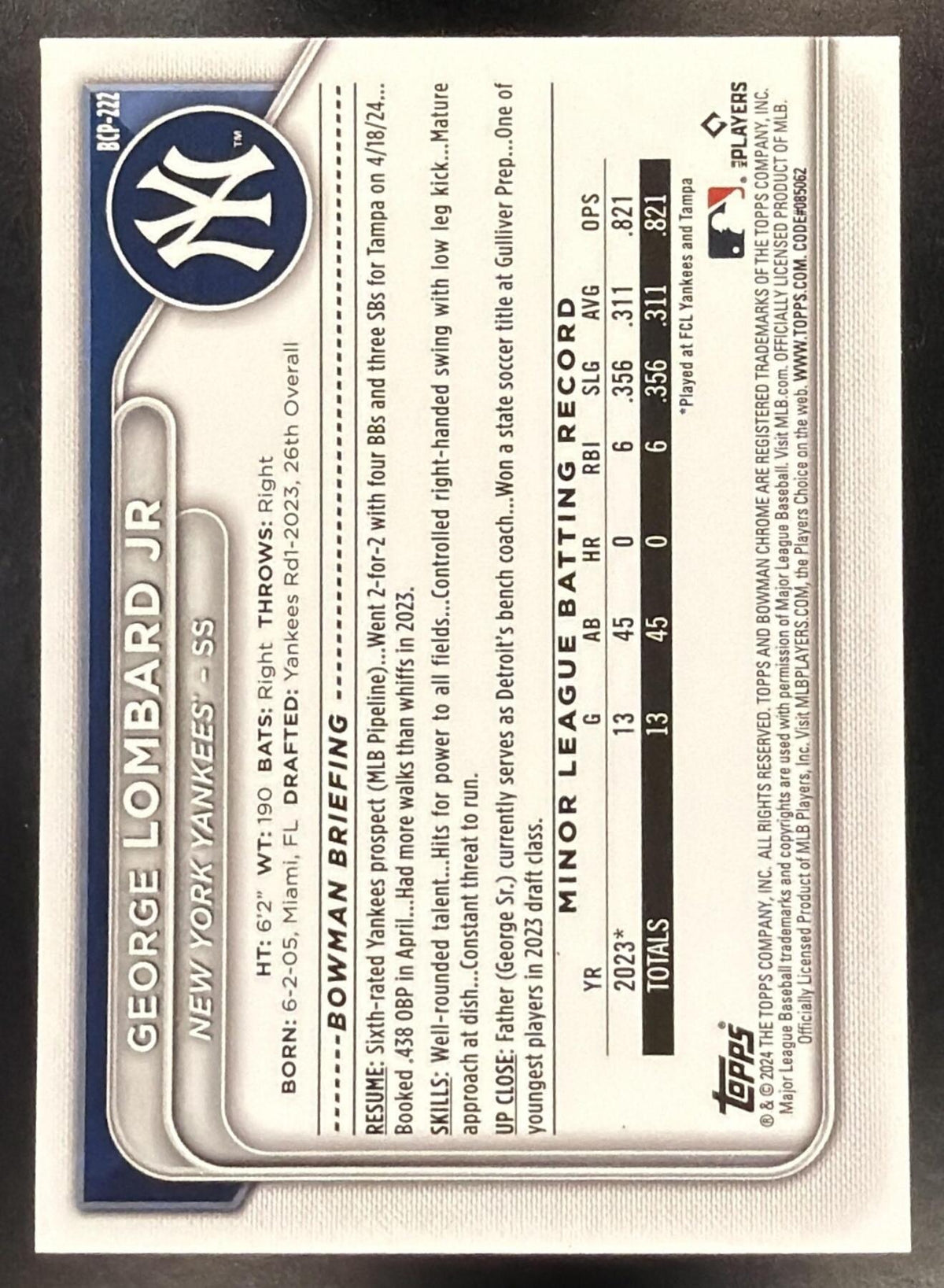 2024 Bowman Sapphire Baseball George Lombard Jr. #BCP-222 Yellow 27/75