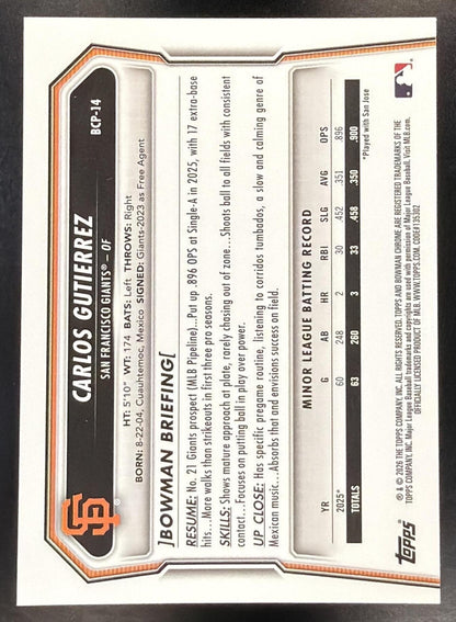 2026 Bowman Sapphire Baseball Carlos Gutierrez #BCP-14 1st Red 1/5
