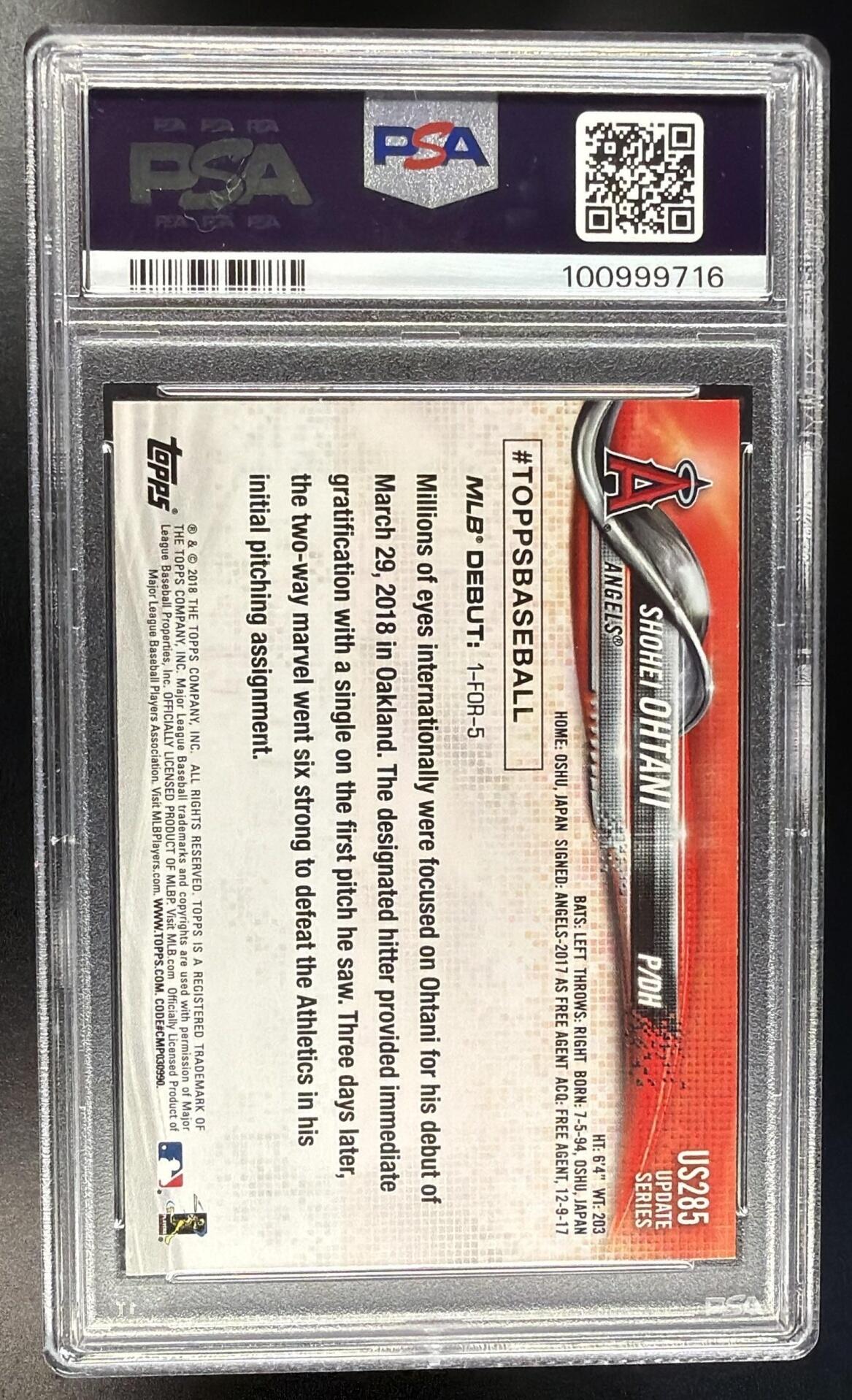2018 Topps Update Shohei Ohtani #US285 RC PSA 9