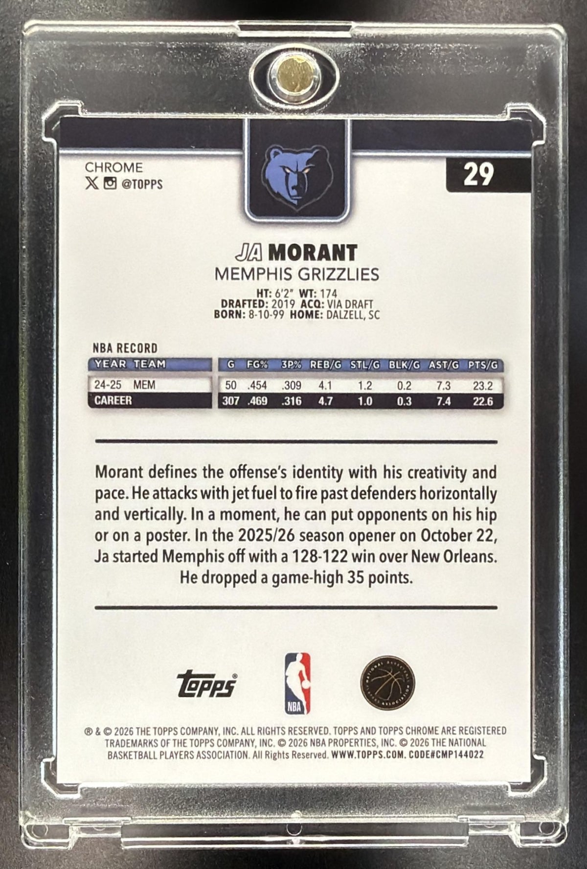 2025-26 Topps Chrome Update Ja Morant #29 Orange Refractor 2/25