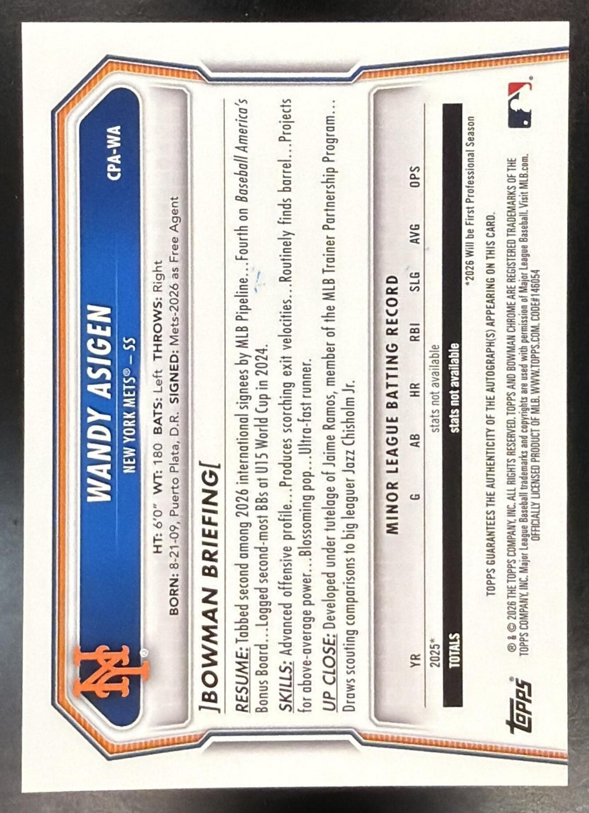 2026 Bowman Chrome Wandy Asigen #CPA-WA Auto 1st Prospect NYM
