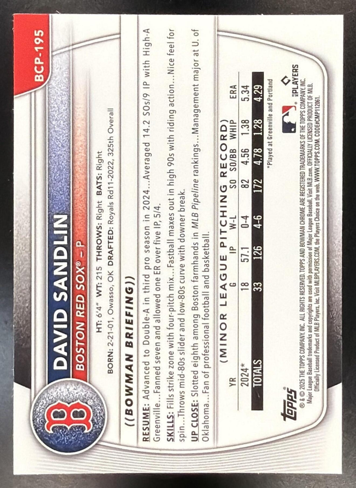 2025 Bowman Chrome David Sandlin #BCP-195 Sunflower Seeds Refractor 1st Prospect