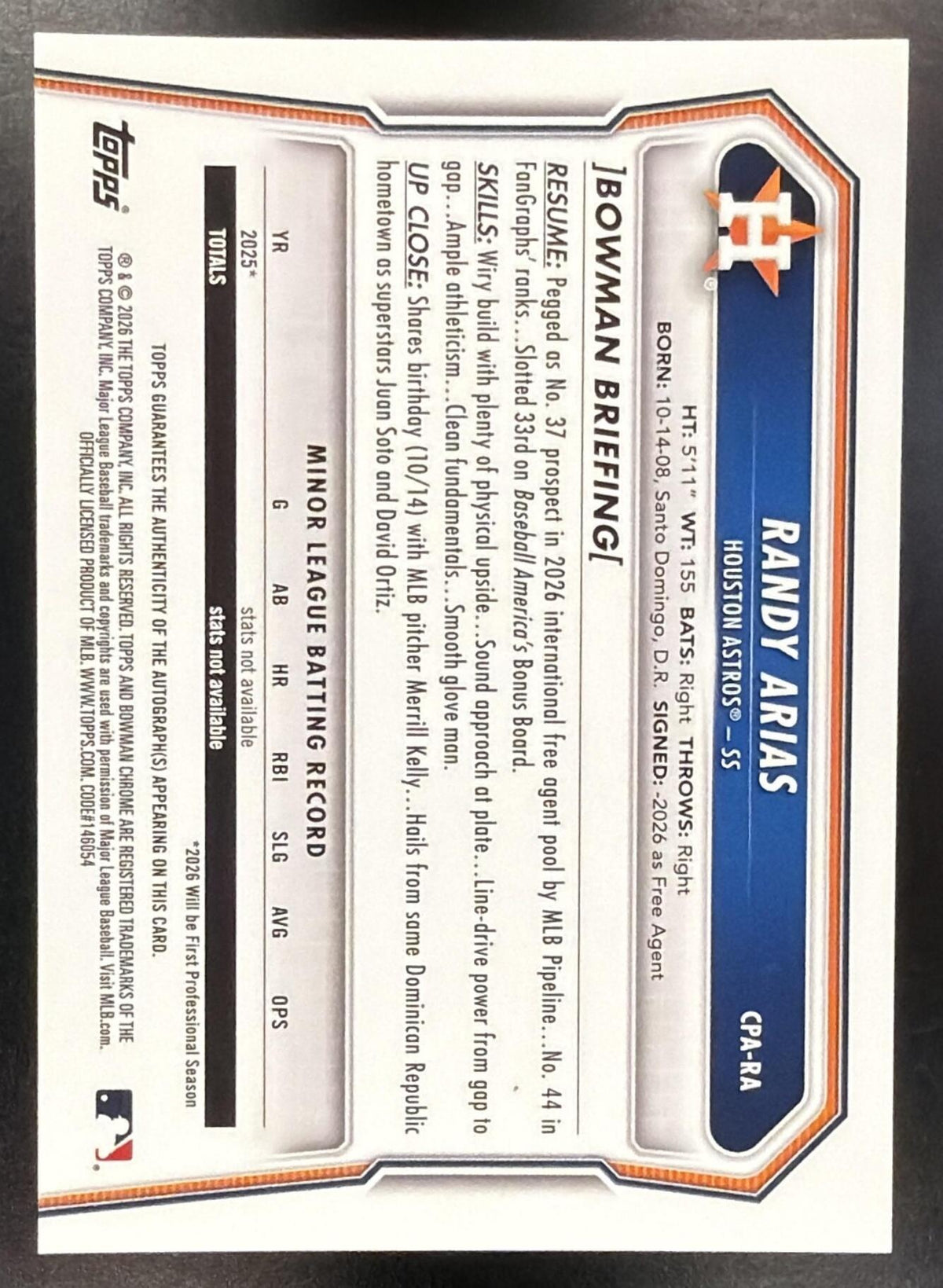 2026 Bowman Chrome Randy Arias #CPA-RA Auto Orange Shimmer Refractor /25 1st Prospect