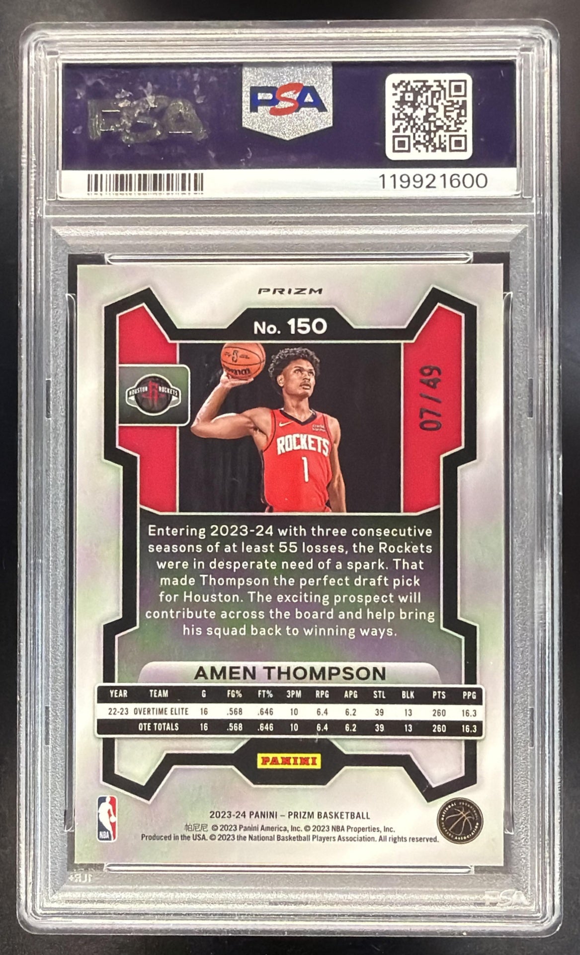 2023-24 Panini Prizm Amen Thompson #150 Prizm Orange 7/49 RC PSA 9