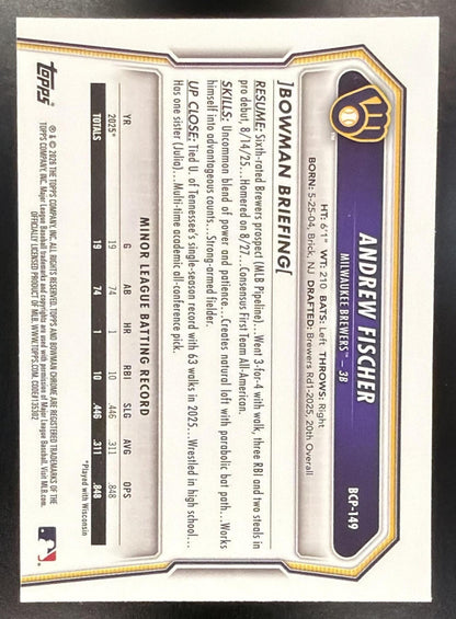2026 Bowman Andrew Fischer #BCP-149 Chrome Yellow X-Fractor 54/75 1st Prospect