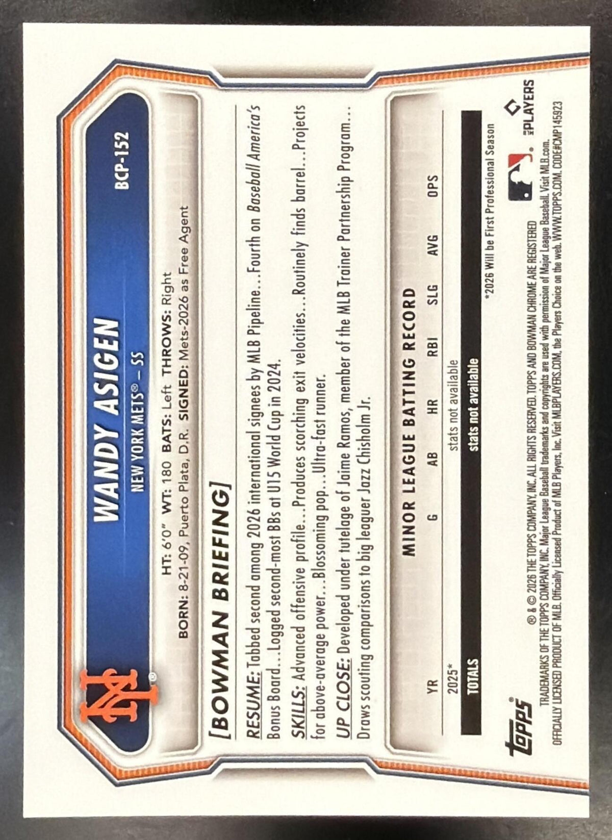 2026 Bowman Chrome Wandy Asigen #BCP-152 Gold Geometric Refractor 22/50 1st Prospect
