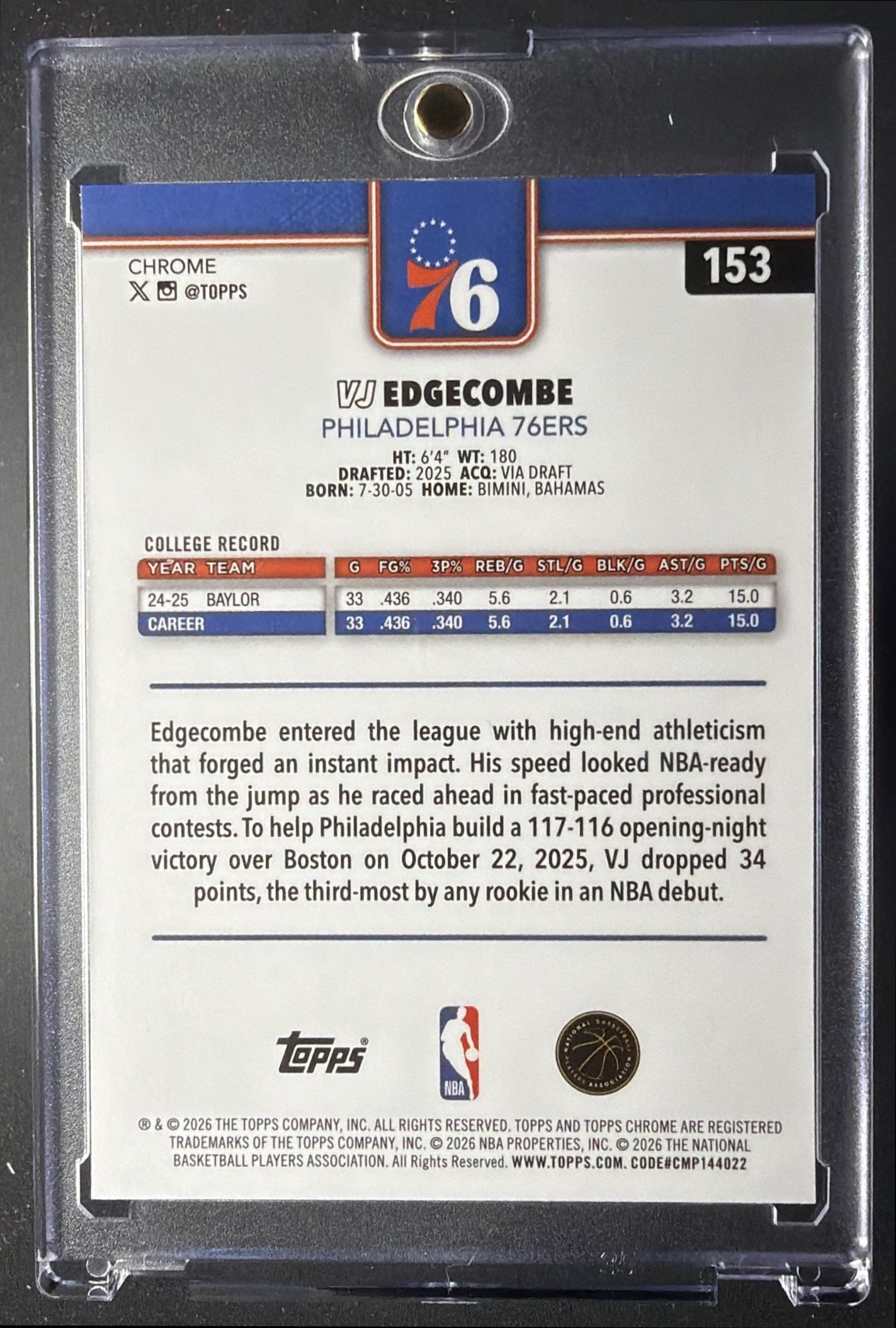 2025 Topps Chrome Update VJ Edgecombe #153 Image Variation Speckle Refractor RC