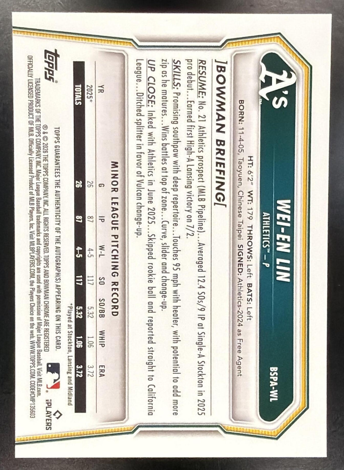 2026 Bowman Sapphire Wei-En Lin #BSPA-WL Chrome Auto 193/199 1st Prospect