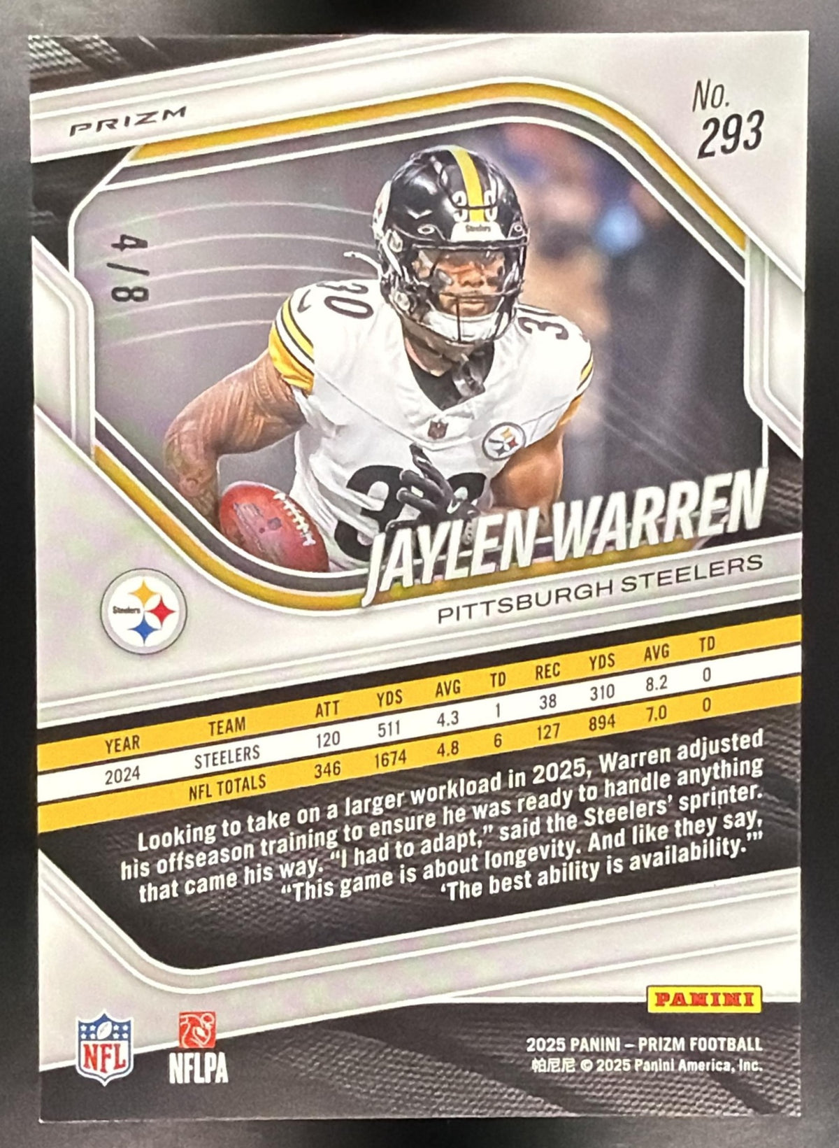 2025 Panini Prizm Jaylen Warren #293 Green Sparkle 4/8