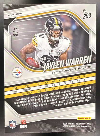 2025 Panini Prizm Jaylen Warren #293 Green Sparkle 4/8